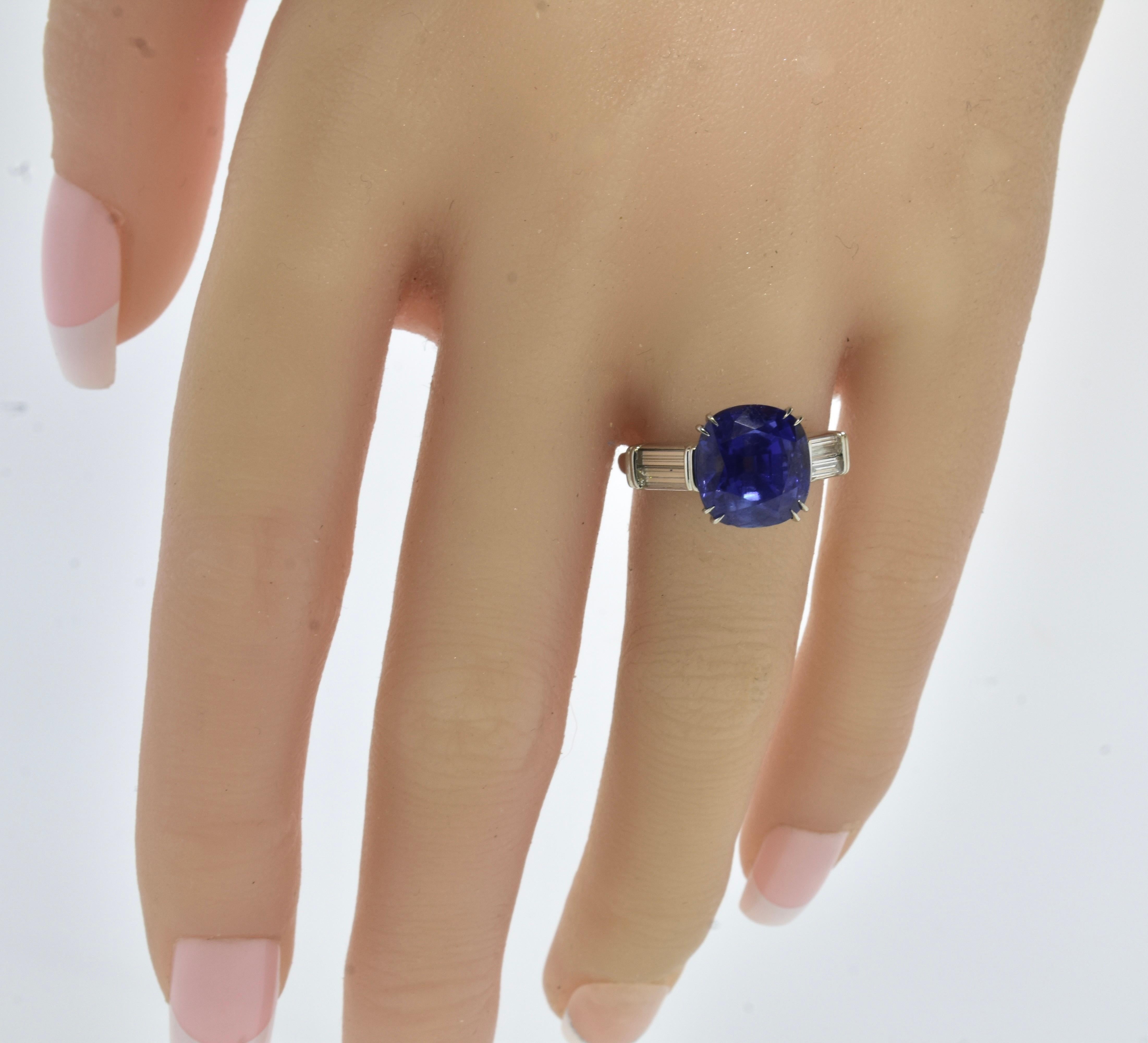 Baguette Cut AGL Certified 8.463 ct. Unheated & Untreated Blue Sapphire & Fine Diamond Ring For Sale