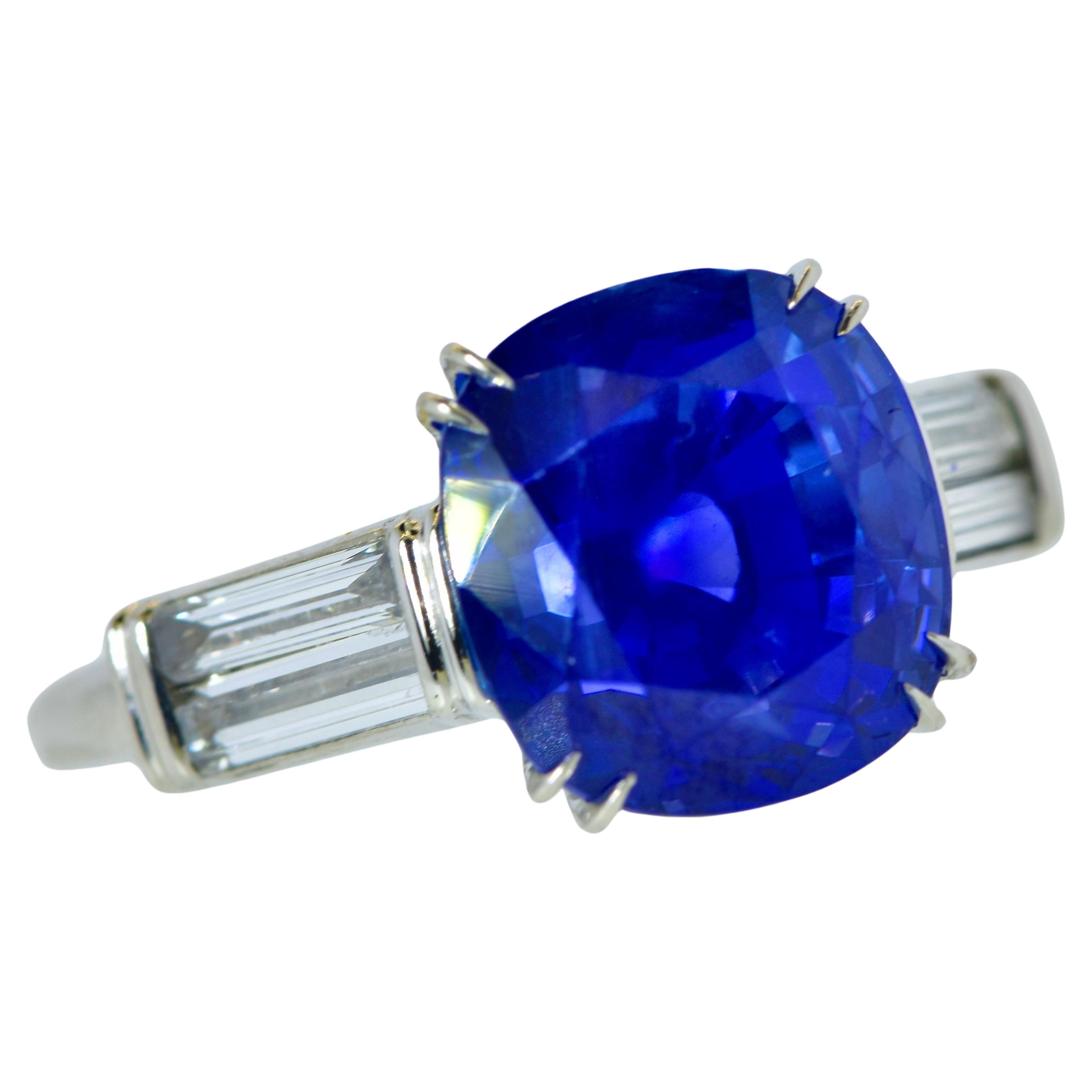 AGL Certified 8.463 ct. Unheated & Untreated Blue Sapphire & Fine Diamond Ring For Sale