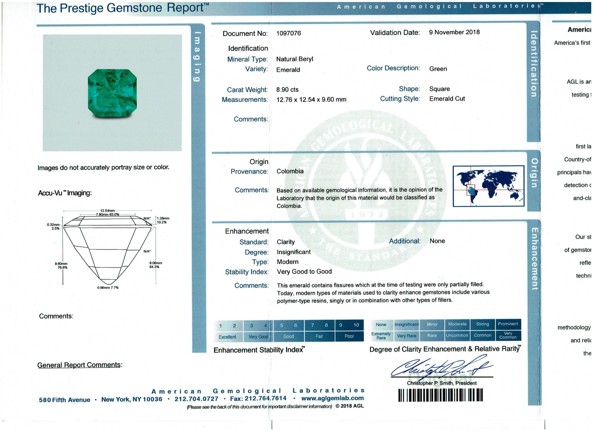 Emerald Cut AGL Certified 8.90 Colombian Emerald , Insignificant & Solitaire Diamond Ring  For Sale