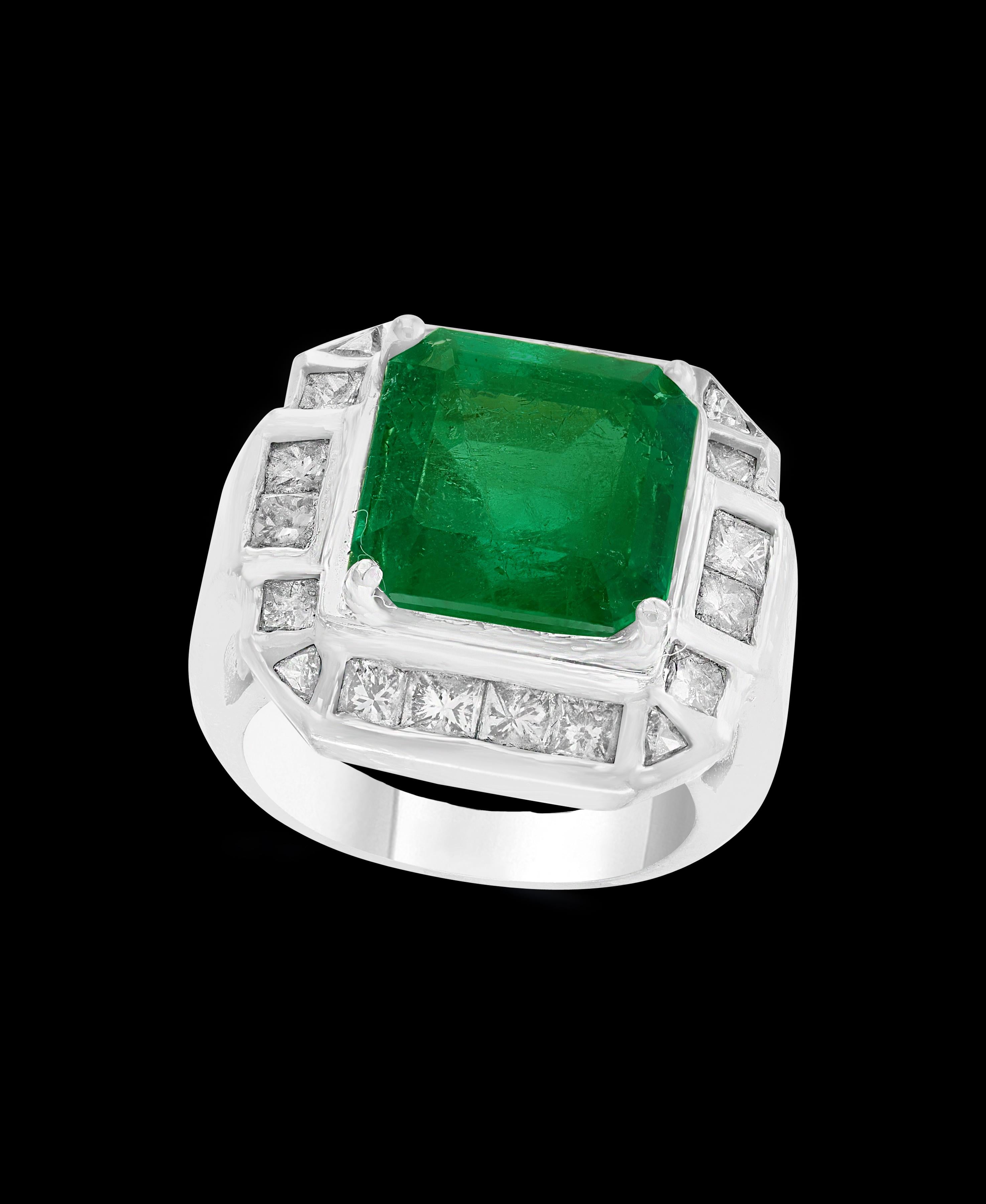 A classic, Cocktail ring 
9 Carat  Colombian Emerald and Diamond Ring, Estate.
AGL ( American Gemology Institute) known as the best institute to certify color stone)
AGL The Prestige Gemstone Report # CS 58188
Natural Beryl
Emerald
Origin