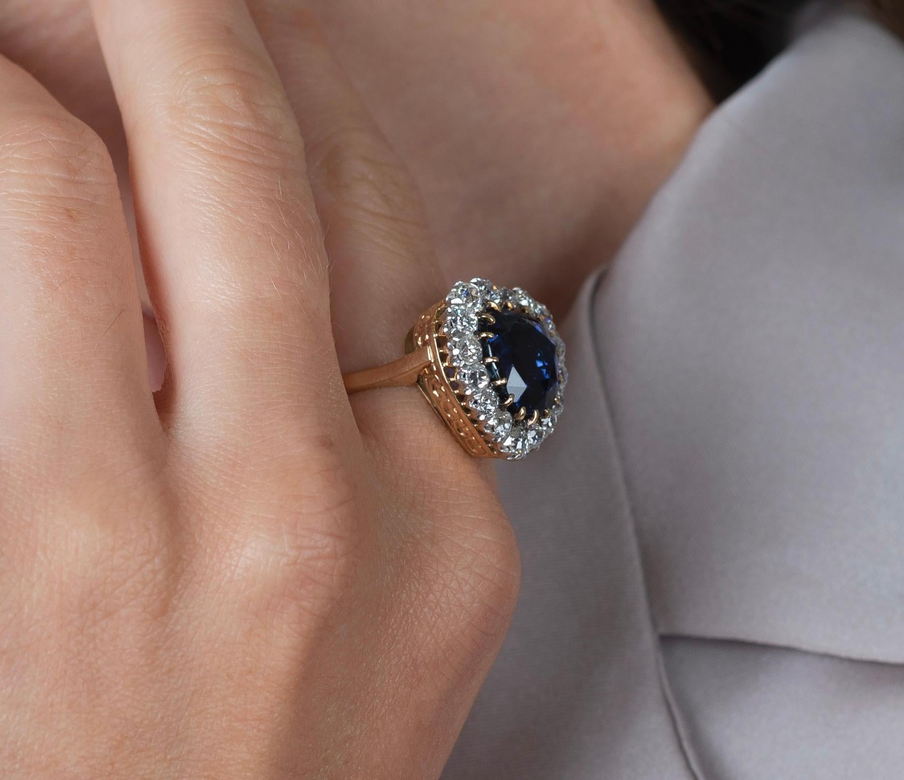 AGL-zertifizierter 9 Karat unbehandelter Ceylon-Blauer Saphir & alter Euro-Diamant 14K Ring (Art déco) im Angebot