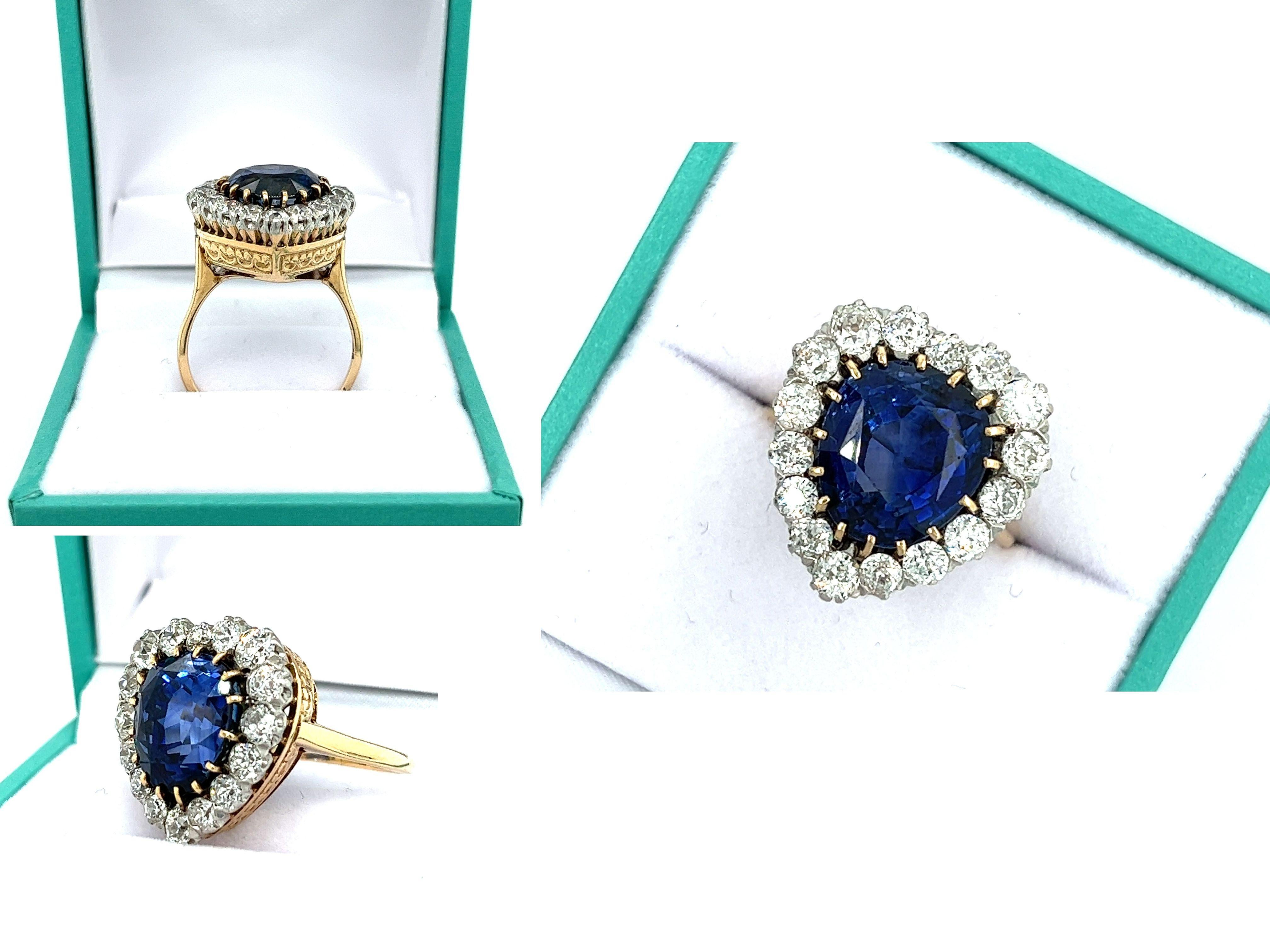 Women's AGL Certified 9 Carat No Heat Ceylon Blue Sapphire & Old Euro Diamond 14K Ring For Sale