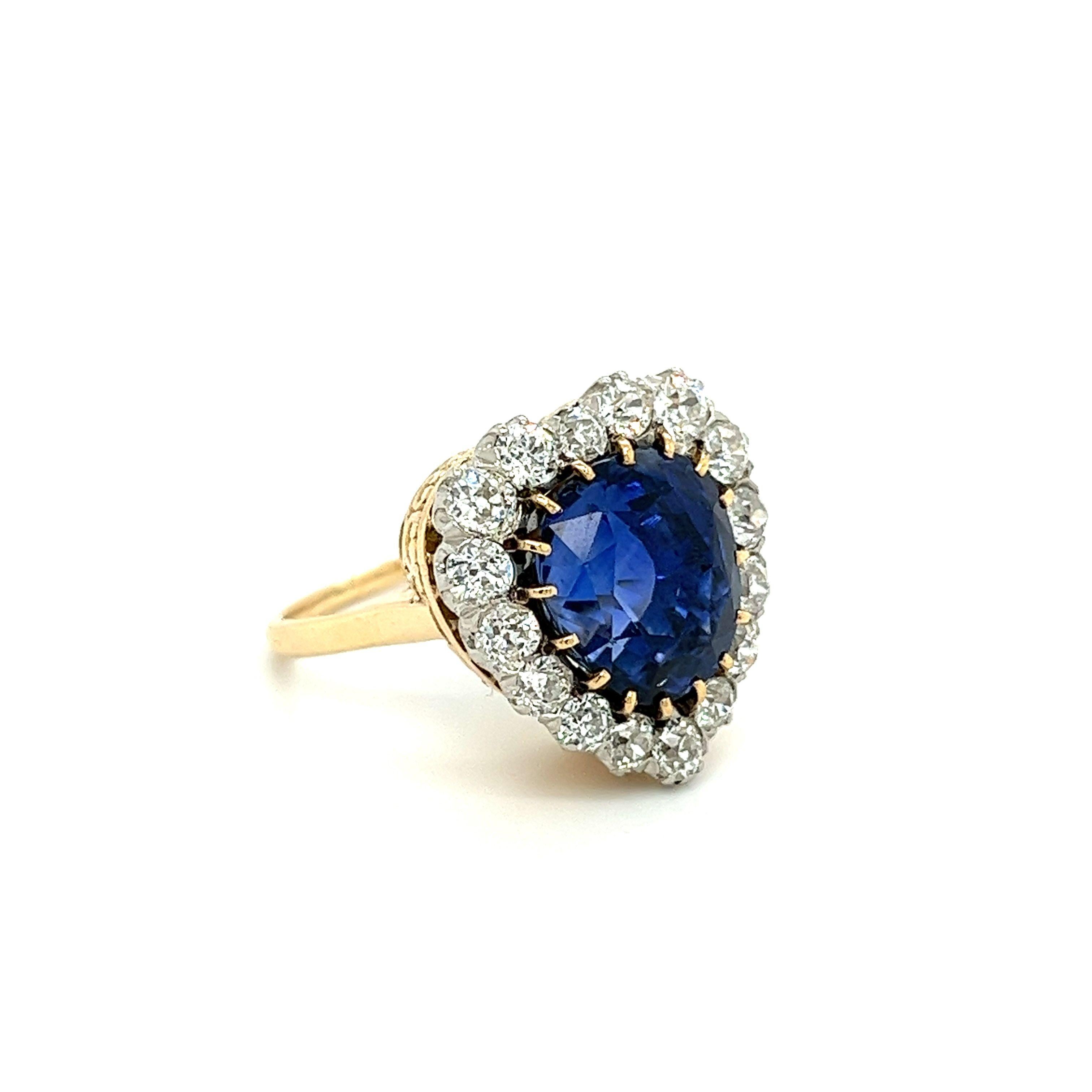 AGL Certified 9 Carat No Heat Ceylon Blue Sapphire & Old Euro Diamond 14K Ring For Sale 1