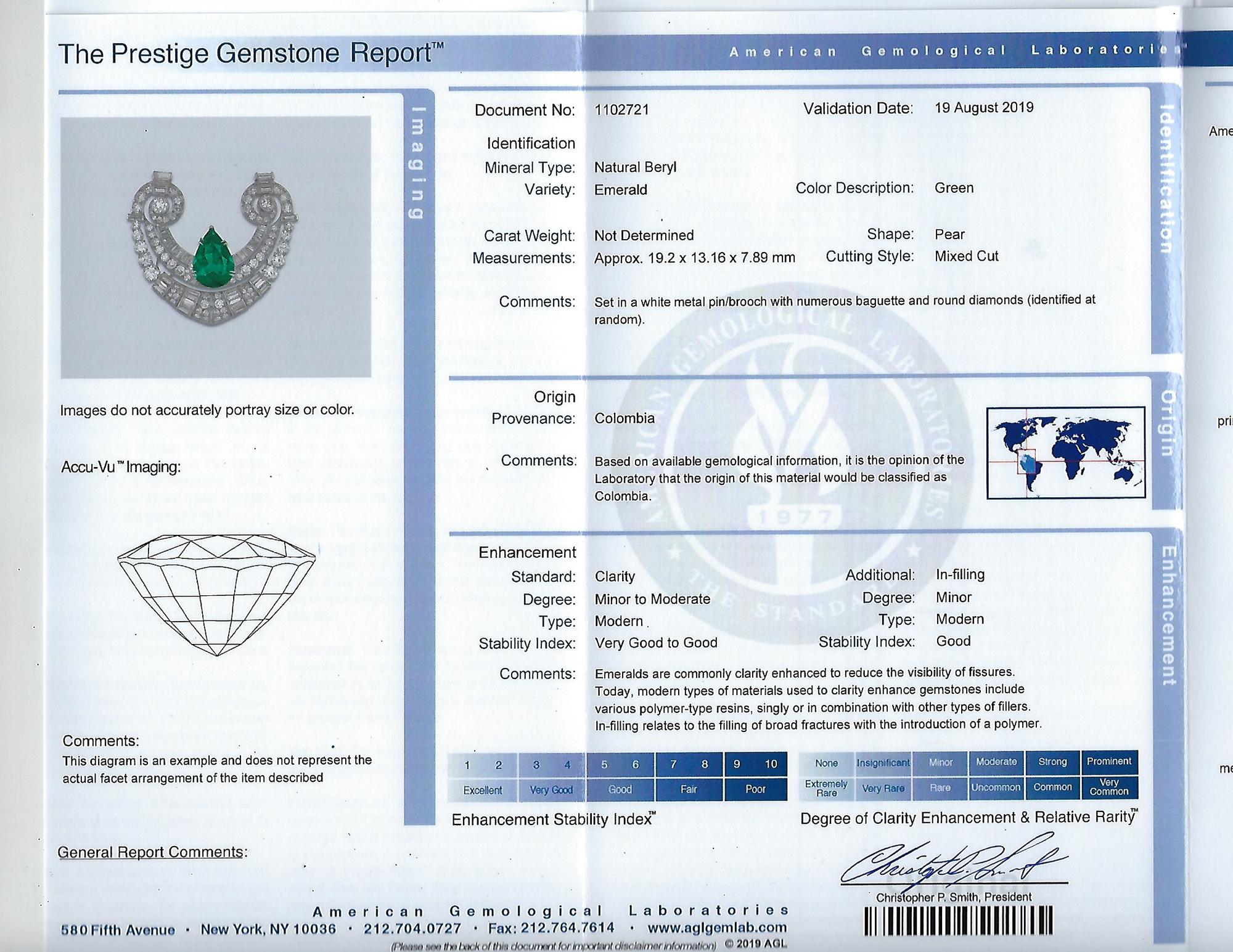 Taille poire Broche en diamant émeraude colombienne de 9,00 carats certifiée AGL, vers les années 1950 en vente