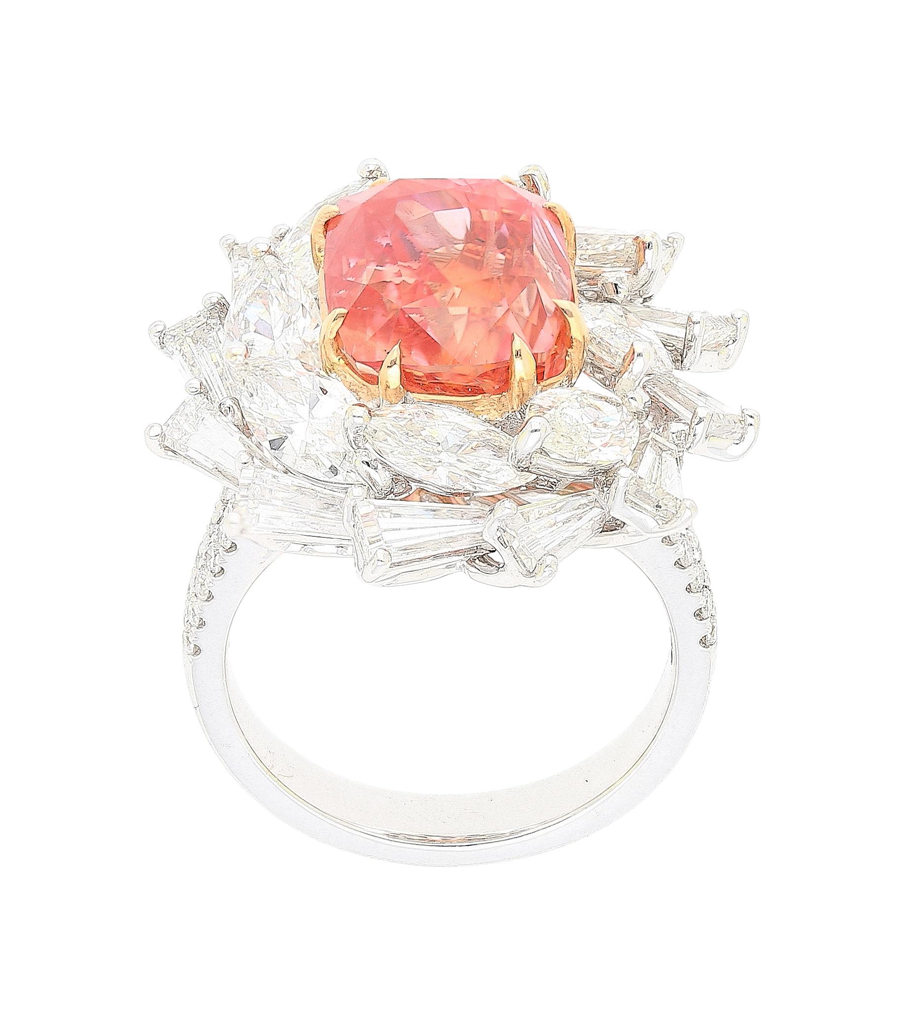 AGL Certified 9.10 Carat Ceylon No Heat Padparadscha Sapphire and Diamond Ring In New Condition For Sale In Miami, FL