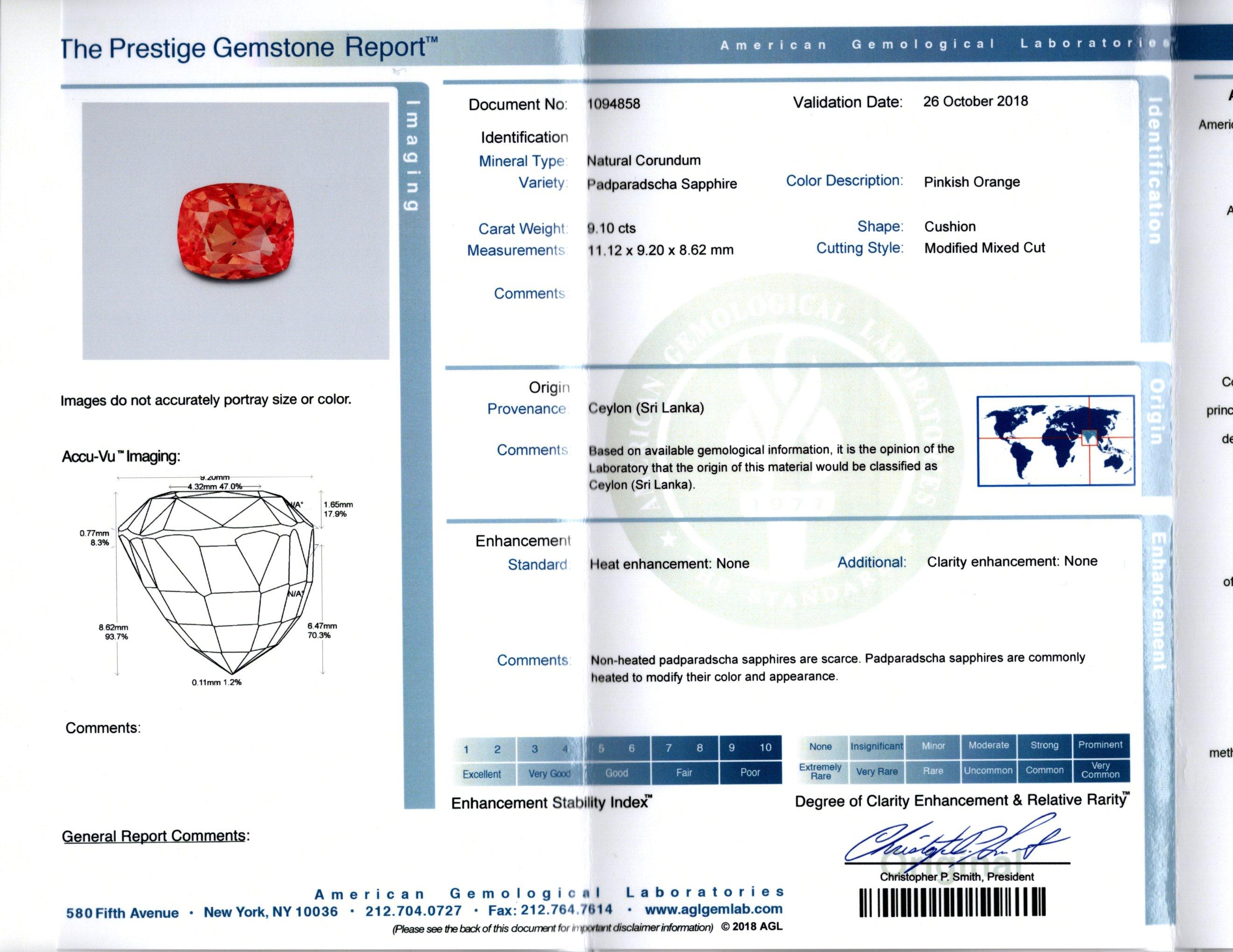 AGL Certified 9.10 Carat Ceylon No Heat Padparadscha Sapphire and Diamond Ring For Sale 1
