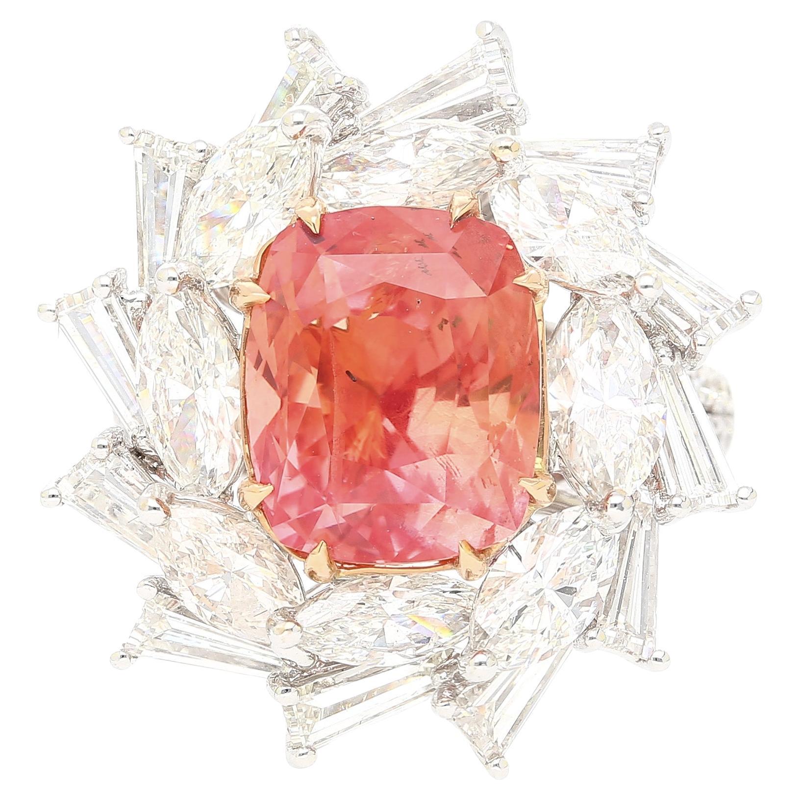 AGL Certified 9.10 Carat Ceylon No Heat Padparadscha Sapphire and Diamond Ring