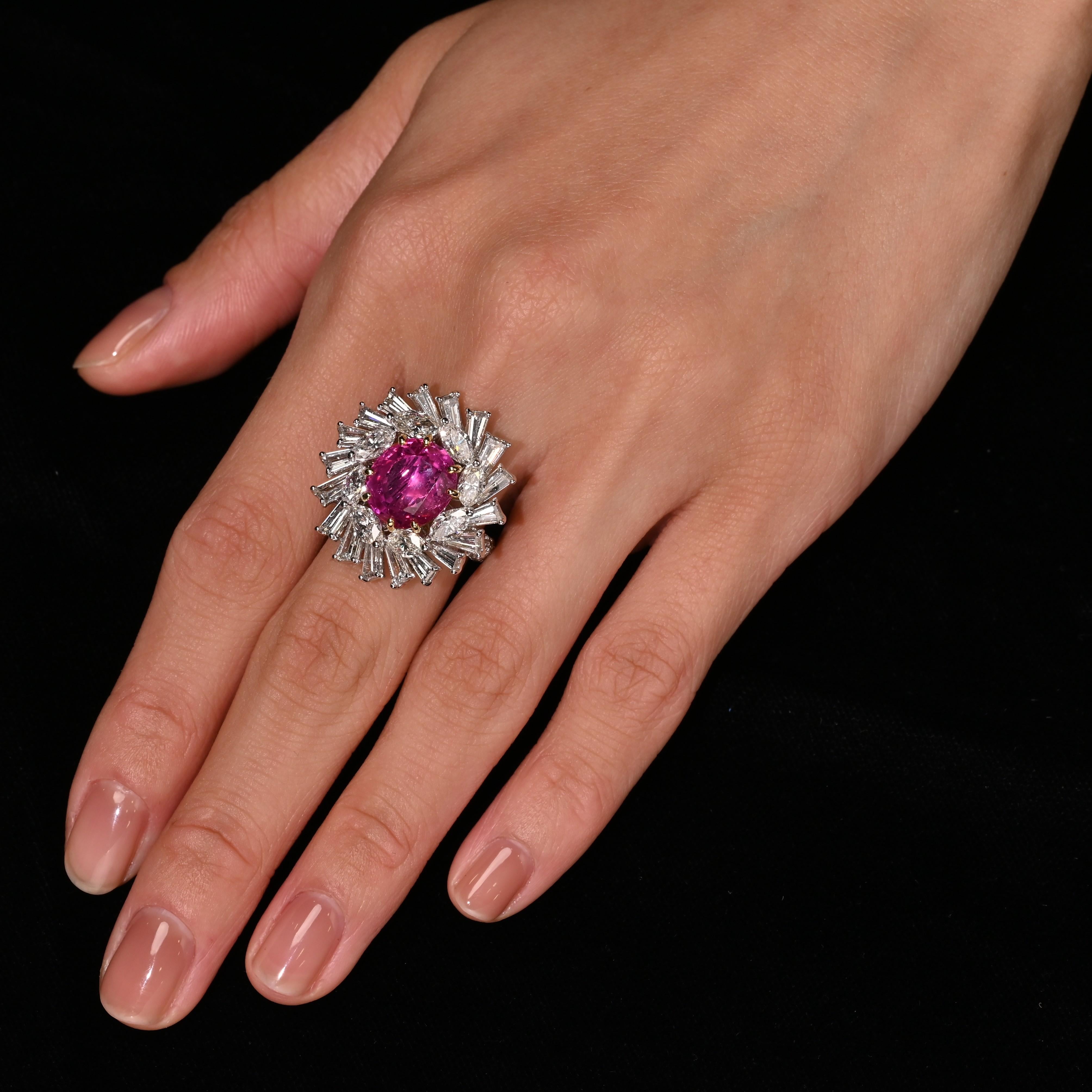 Art déco Bague à pendentif détachable en saphir rose de Birmanie certifié AGL, de 9,55 carats, sans chaleur en vente