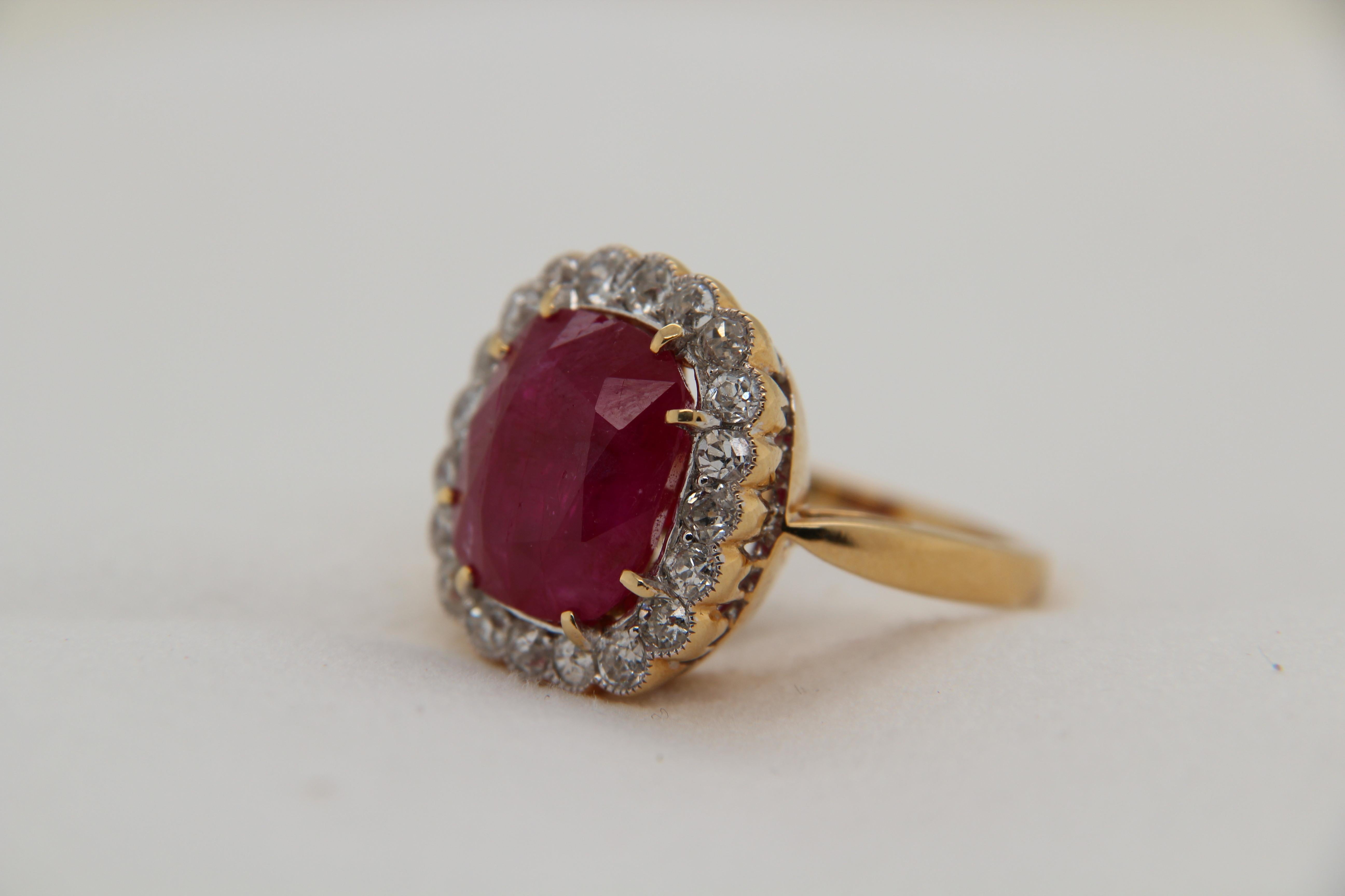 A brand new AGL (Thai) certified 9.73 burma ruby no heat purplish red and diamond ring in 18 karat gold . The ruby weigh 9.73 carat and diamond weigh 1.10 carat. The total ring weight is 10.25 grams. The ring size US 6.75 and EU 54.