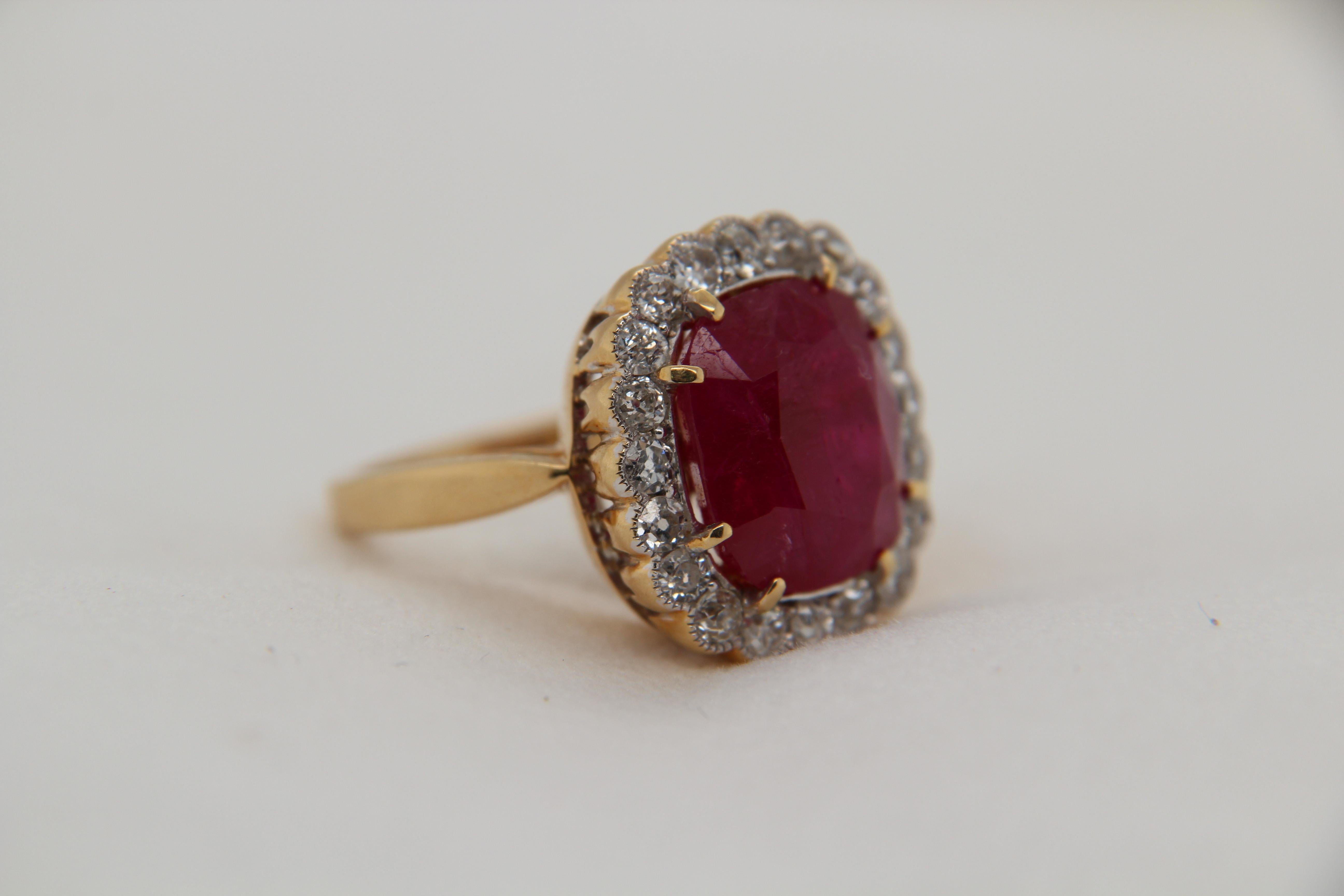 Women's or Men's AGL Certified 9.73 Carat Burma Ruby No Heat and Diamond Ring in 18 Karat Gold For Sale