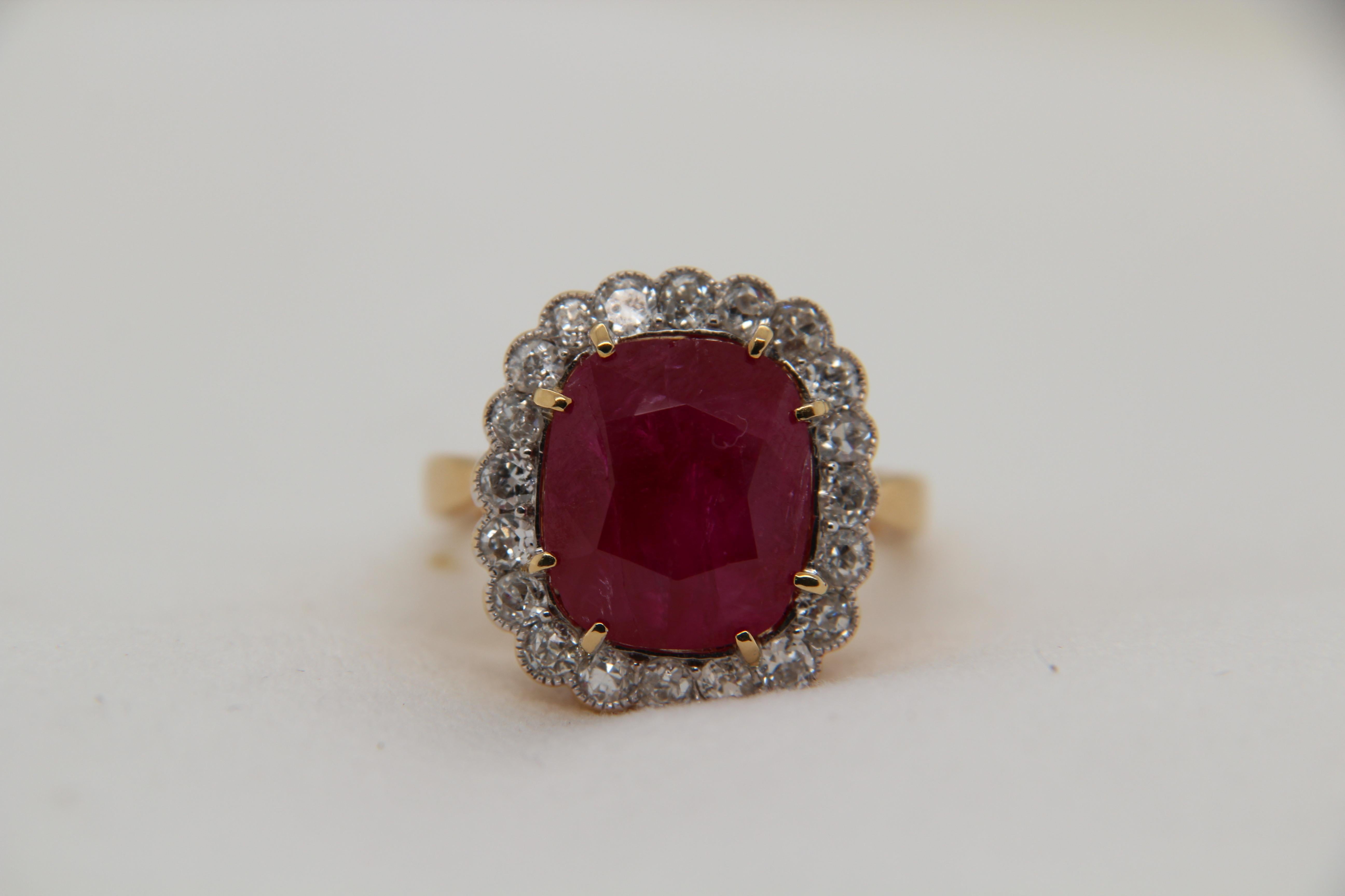 AGL Certified 9.73 Carat Burma Ruby No Heat and Diamond Ring in 18 Karat Gold For Sale 1