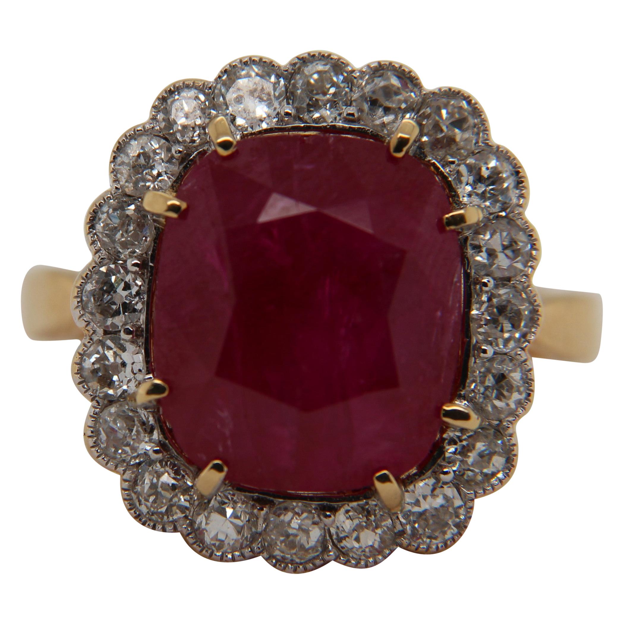 AGL Certified 9.73 Carat Burma Ruby No Heat and Diamond Ring in 18 Karat Gold For Sale