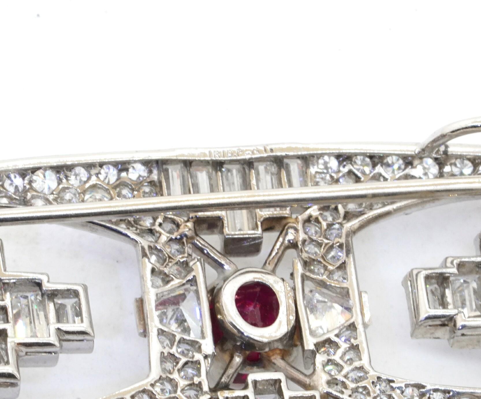 Round Cut AGL Certified Antique Platinum 9.29ct VS Diamond No Heat Burma Ruby Brooch For Sale