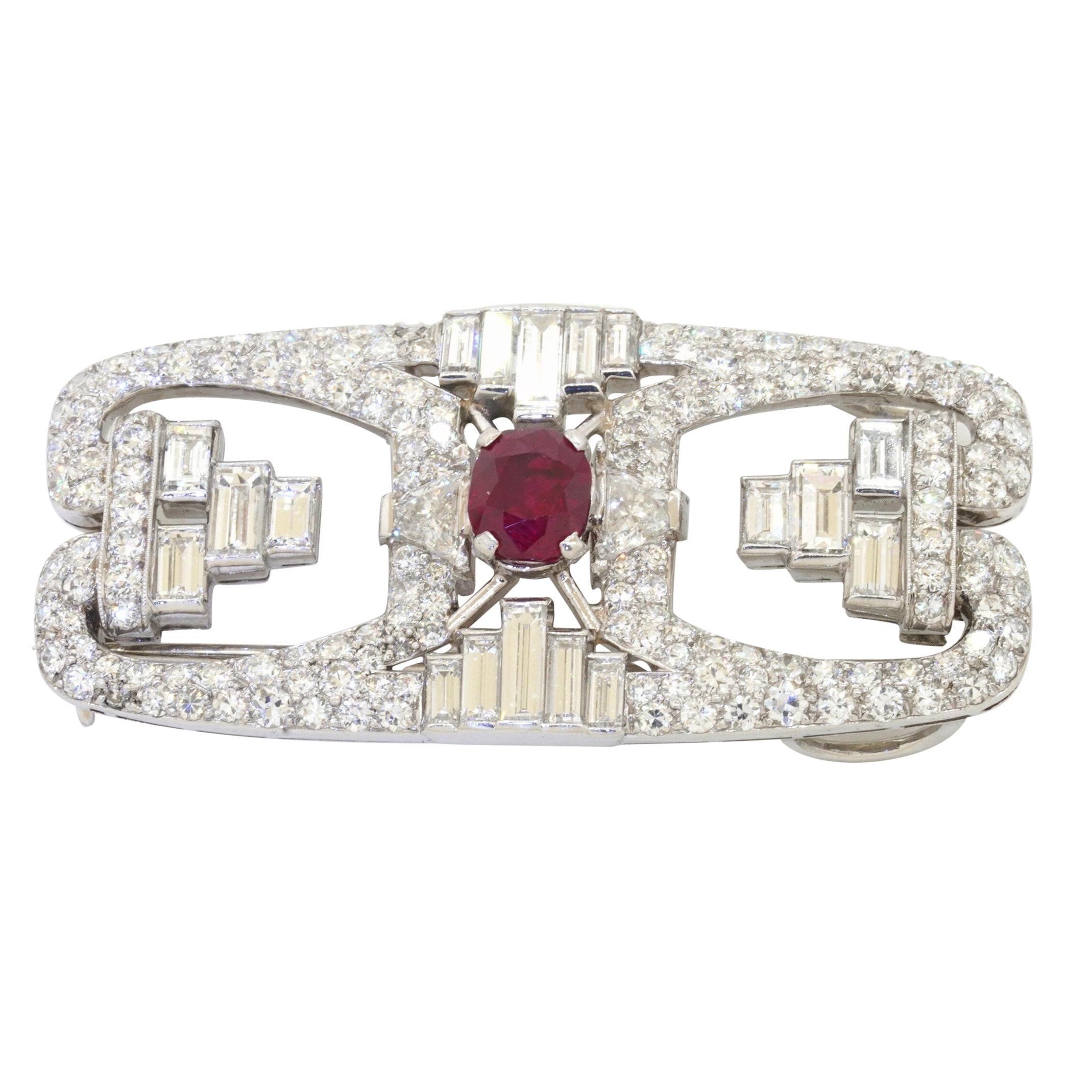 AGL Certified Antique Platinum 9.29ct VS Diamond No Heat Burma Ruby Brooch For Sale