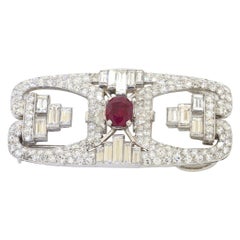 AGL Certified Antique Platinum 9.29ct VS Diamond No Heat Burma Ruby Brooch