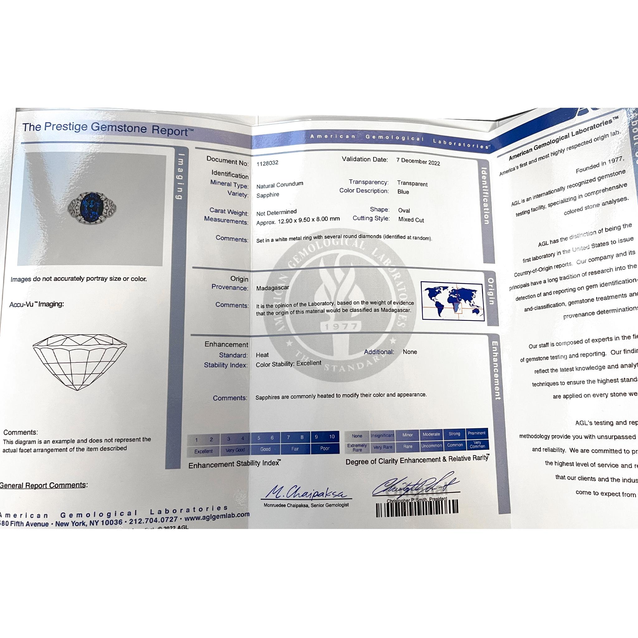 18 kt White Gold
Shape: Oval
Origin: Madagascar
AGL Document No.  1128032