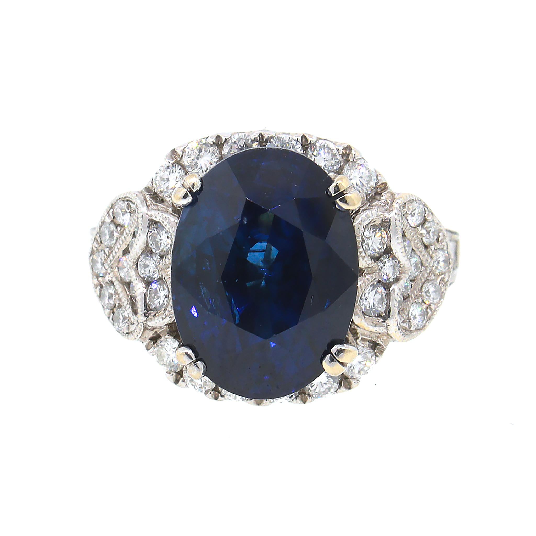Oval Cut AGL Certified Blue Sapphire and Diamond Ring For Sale