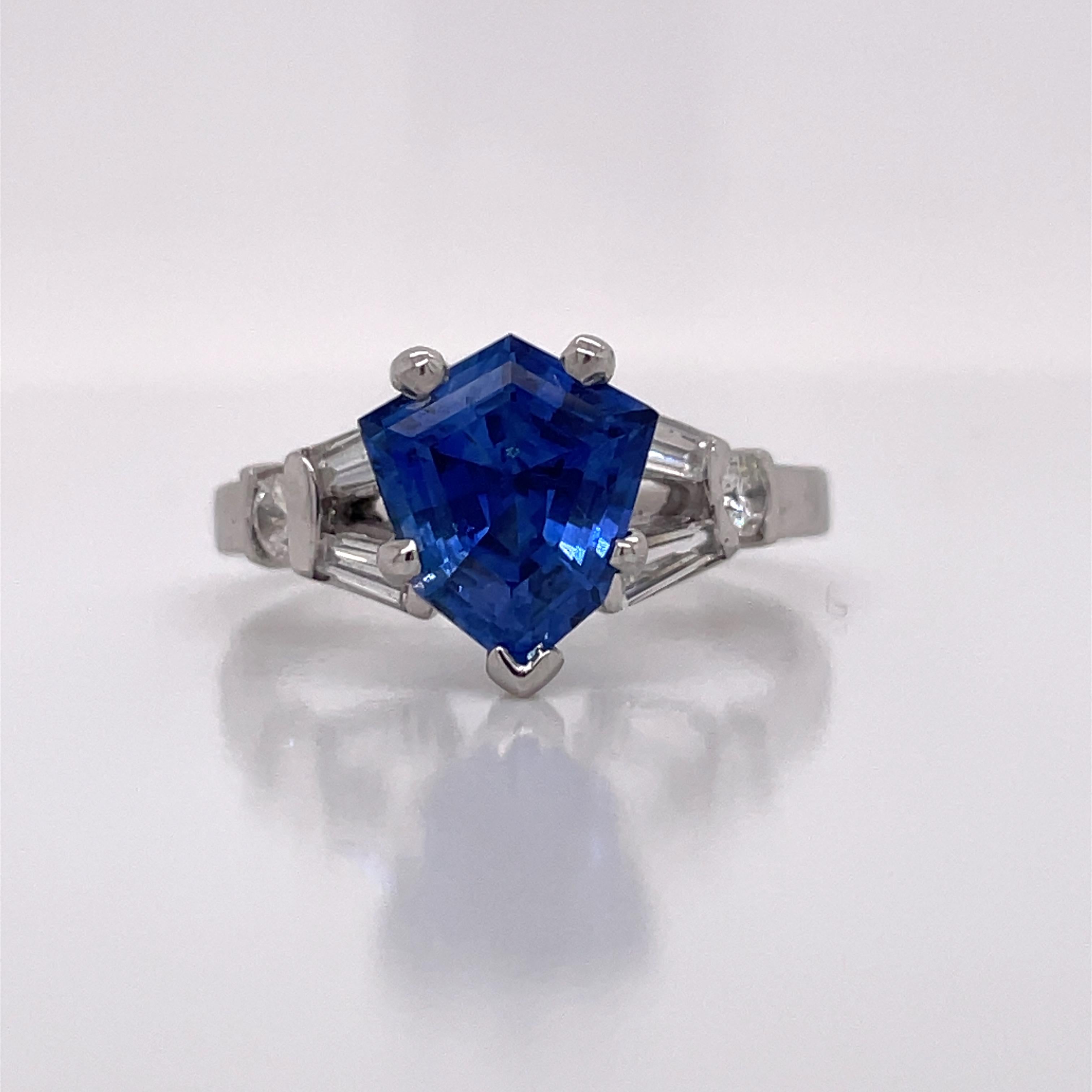 Trillion Cut AGL Certified Blue Sapphire and Tapered Baguettes 1950s Platinum Ring