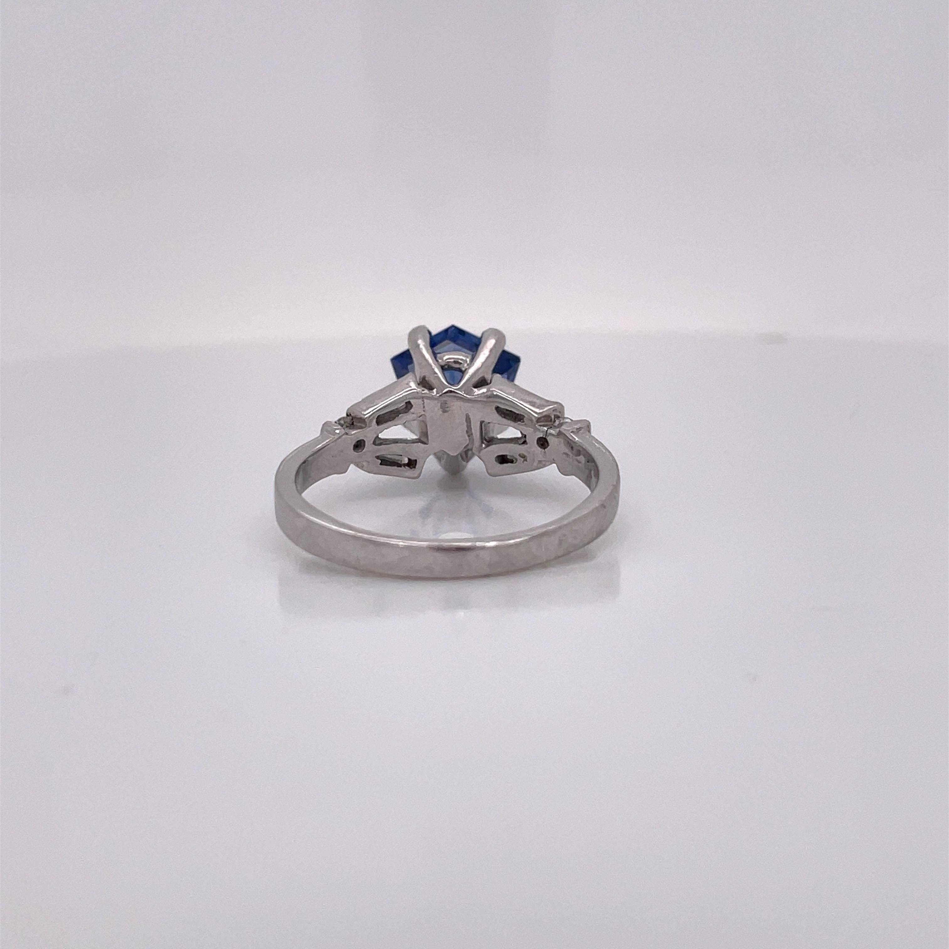 Women's AGL Certified Blue Sapphire and Tapered Baguettes 1950s Platinum Ring