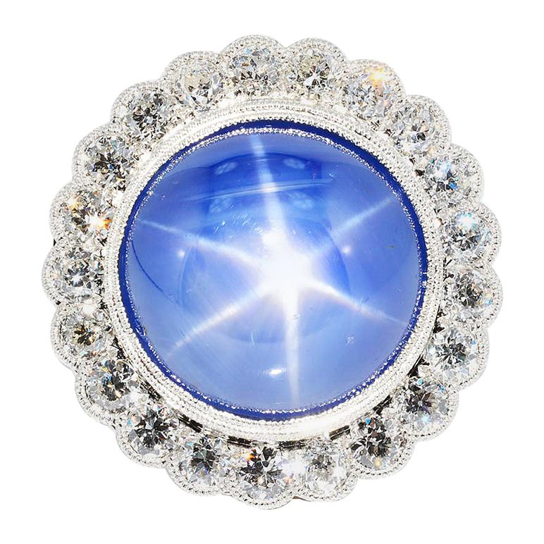 AGL Certified Blue Star Sapphire No Heat and Diamond Ring 18 Karat White Gold For Sale