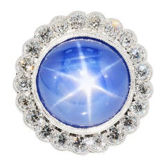 Bague en or blanc 18 carats avec saphir étoilé bleu certifié AGL, sans chaleur et diamants