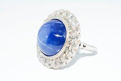 Bague en or blanc 18 carats avec saphir étoilé bleu certifié AGL, sans chaleur et diamants
