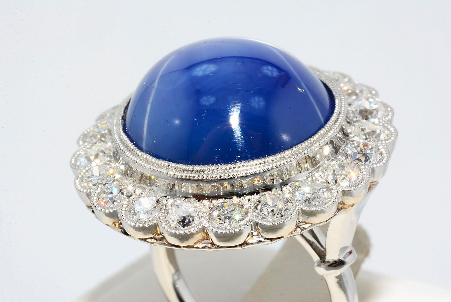 Neoclassical AGL Certified Blue Star Sapphire No Heat and Diamond Ring 18 Karat White Gold For Sale