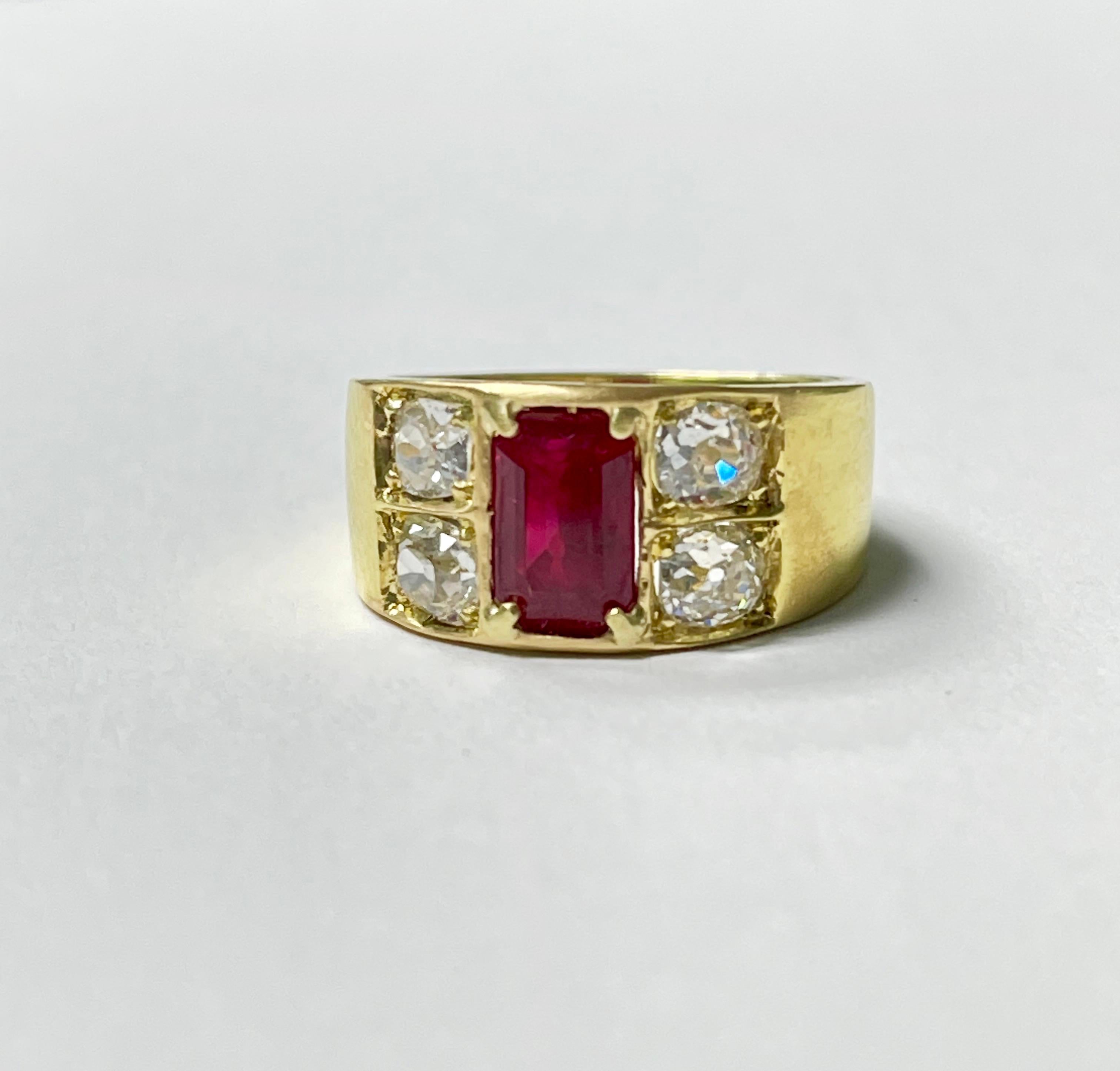 Unique AGL certified burma Heated emerald cut ruby and diamond ring handcrafted in 18k yellow gold. 
The details are as follows : 
Emerald cut Ruby weight : 2.06 carat
Diamond weight : 1.70 carat / 4 old cut diamonds with F color and VS clarity