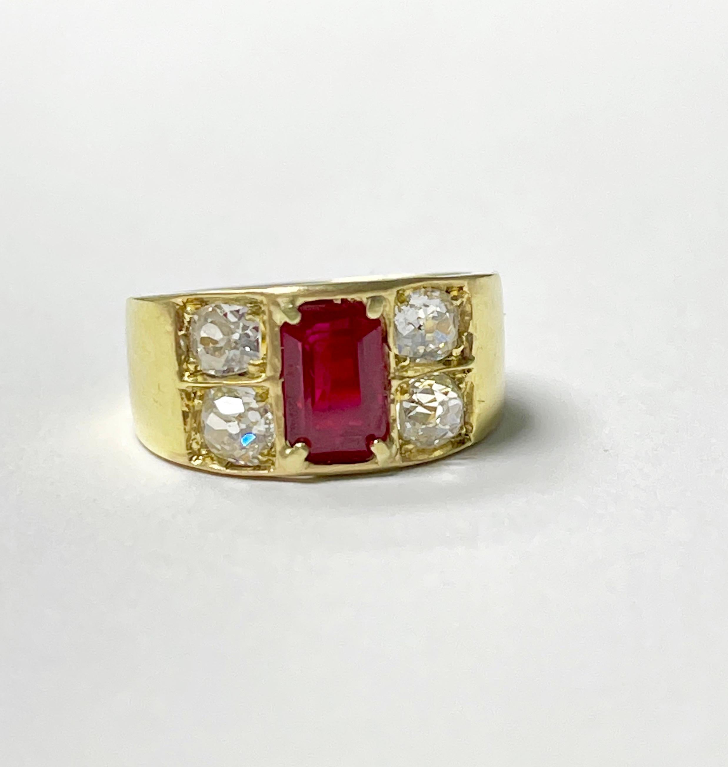 Women's or Men's AGL Certified Burma Heated Emerald Cut Ruby and Diamond Ring in 18K Yellow Gold For Sale