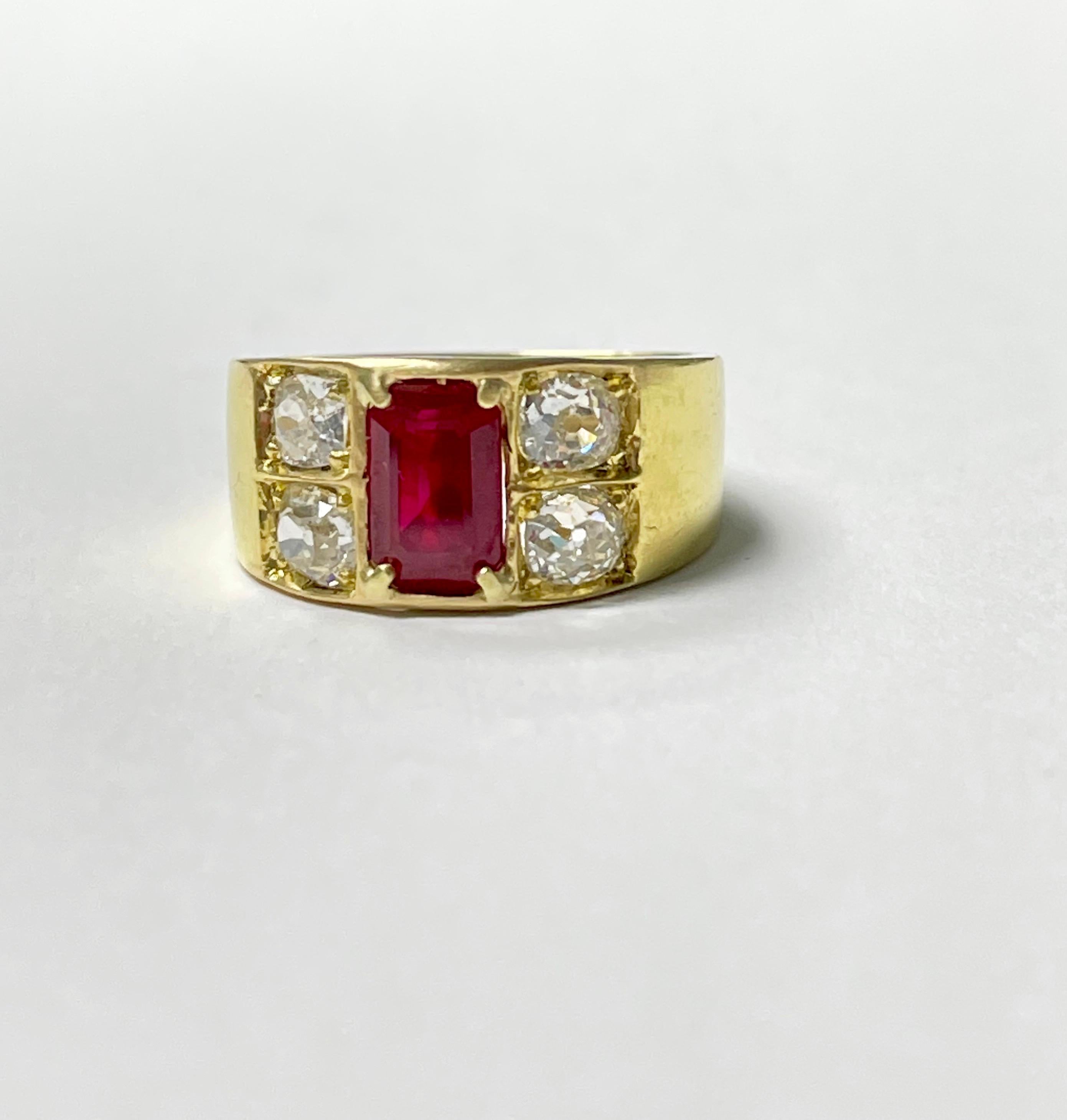 AGL Certified Burma Heated Emerald Cut Ruby and Diamond Ring in 18K Yellow Gold For Sale 2