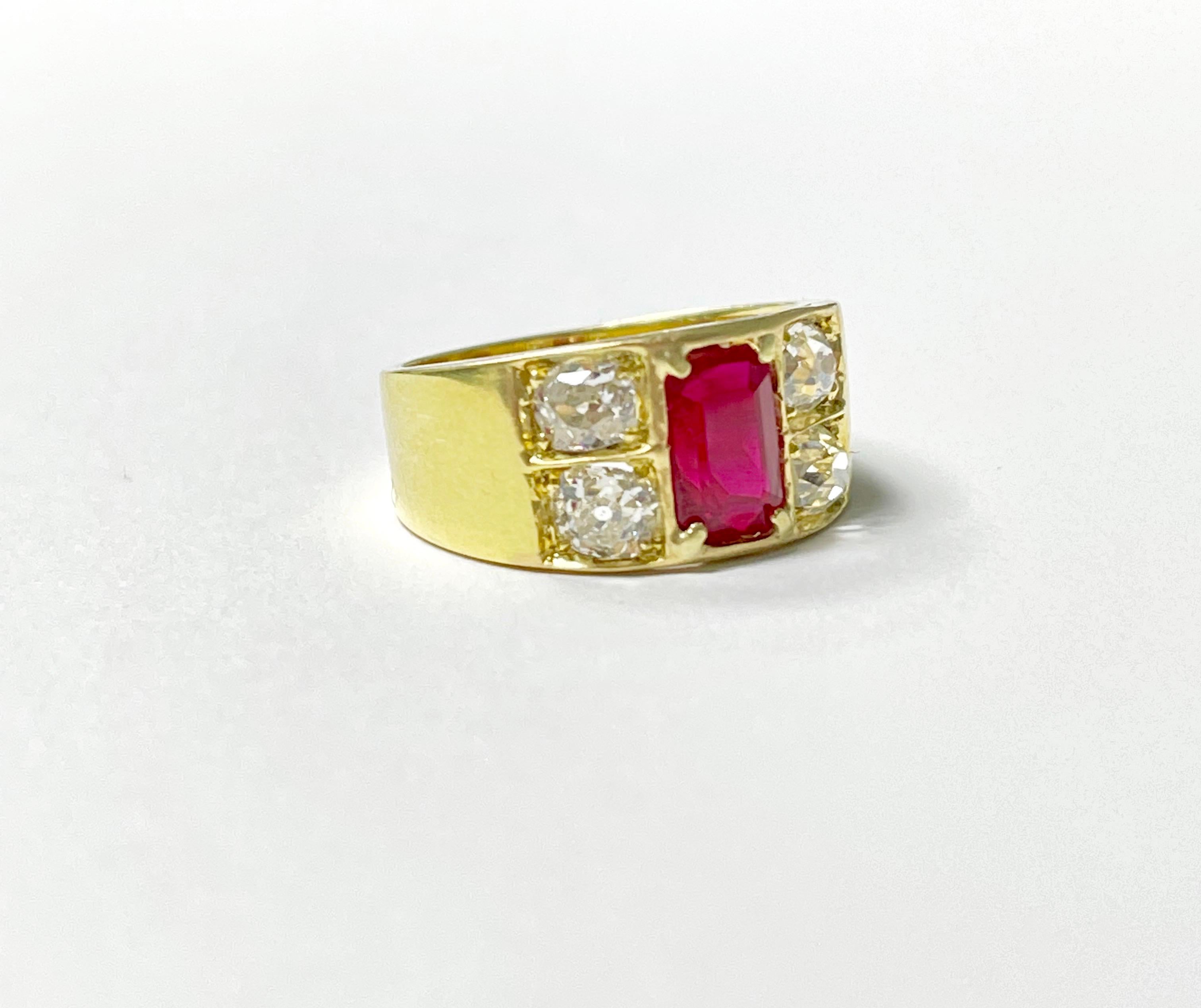 AGL Certified Burma Heated Emerald Cut Ruby and Diamond Ring in 18K Yellow Gold For Sale 4