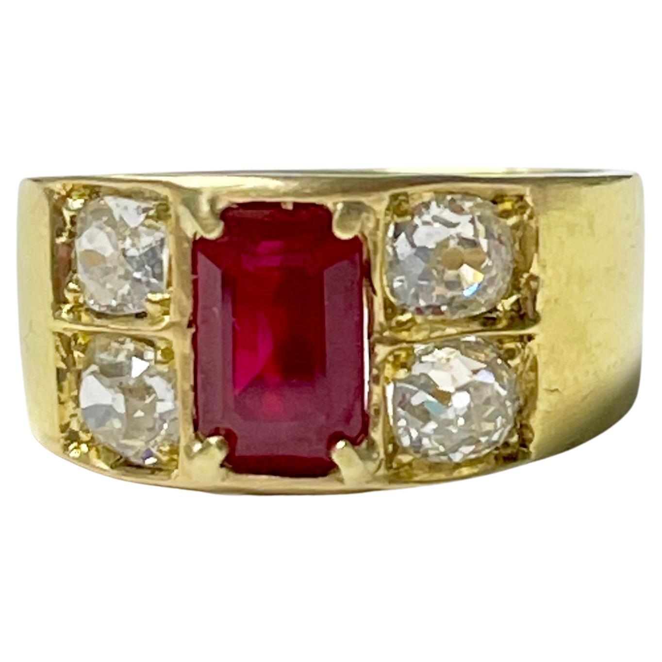 AGL Certified Burma Heated Emerald Cut Ruby and Diamond Ring in 18K Yellow Gold For Sale