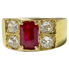 AGL Certified Burma Heated Emerald Cut Ruby and Diamond Ring in 18K Yellow Gold