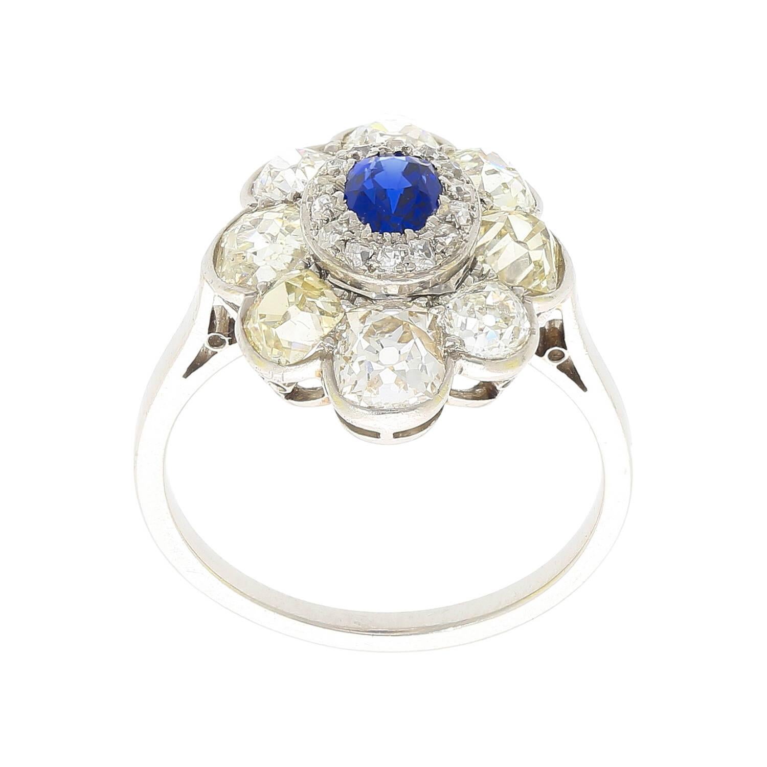 Retro AGL Certified Burma No Heat Blue Sapphire & Old Cut Diamond Platinum Ring For Sale