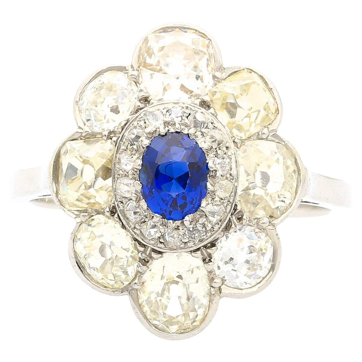 Bague en platine avec saphir bleu de Birmanie non chauffé et diamant taille ancienne certifié AGL