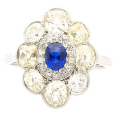 AGL Certified Burma No Heat Blue Sapphire & Old Cut Diamond Platinum Ring