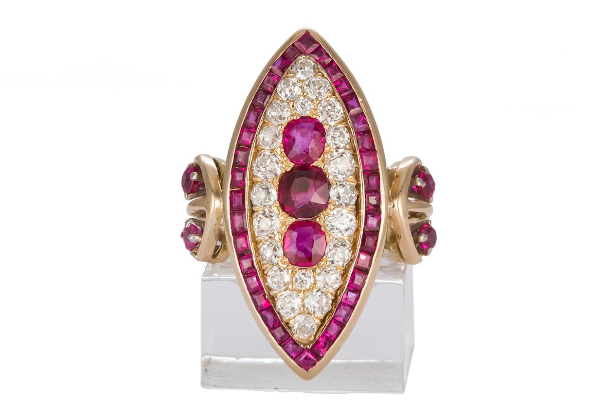 We are pleased to offer this AGL Certified Burma No Heat Ruby & Diamond Cocktail Ring 14k Yellow Gold. This stunning ring feature an estimated 2.25ctw AGL certified natural no heat rubies from Burma accented by 2.20ctw F-G/VS mine cut diamonds all