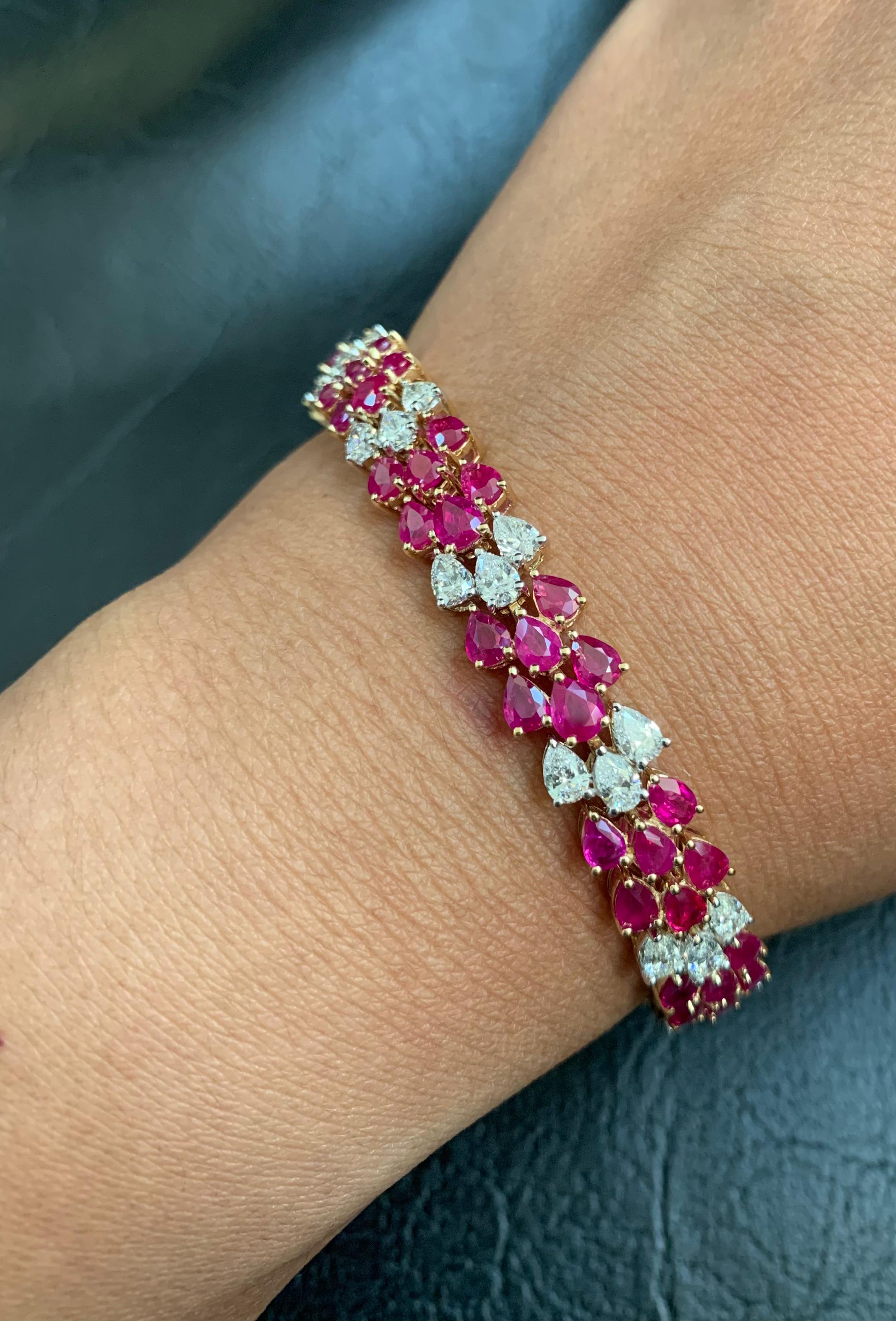 Pear Cut AGL Certified Burmese Heated Ruby  And Diamond Bracelet in 18 Karat White Gold For Sale