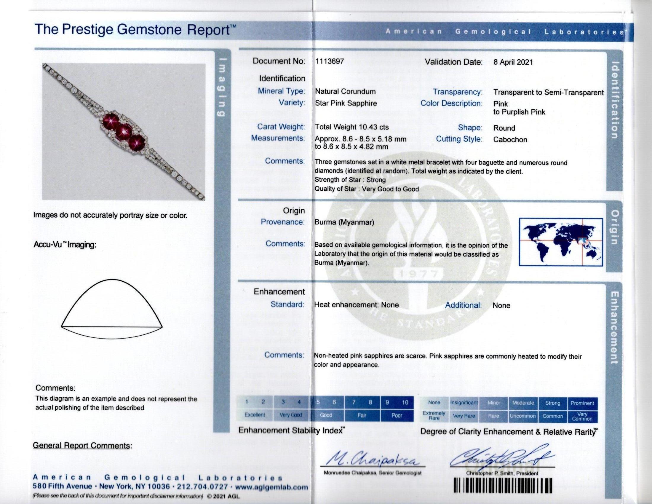 Bracelet Art déco en saphirs roses étoilés et diamants cabochons certifiés AGL en vente 5