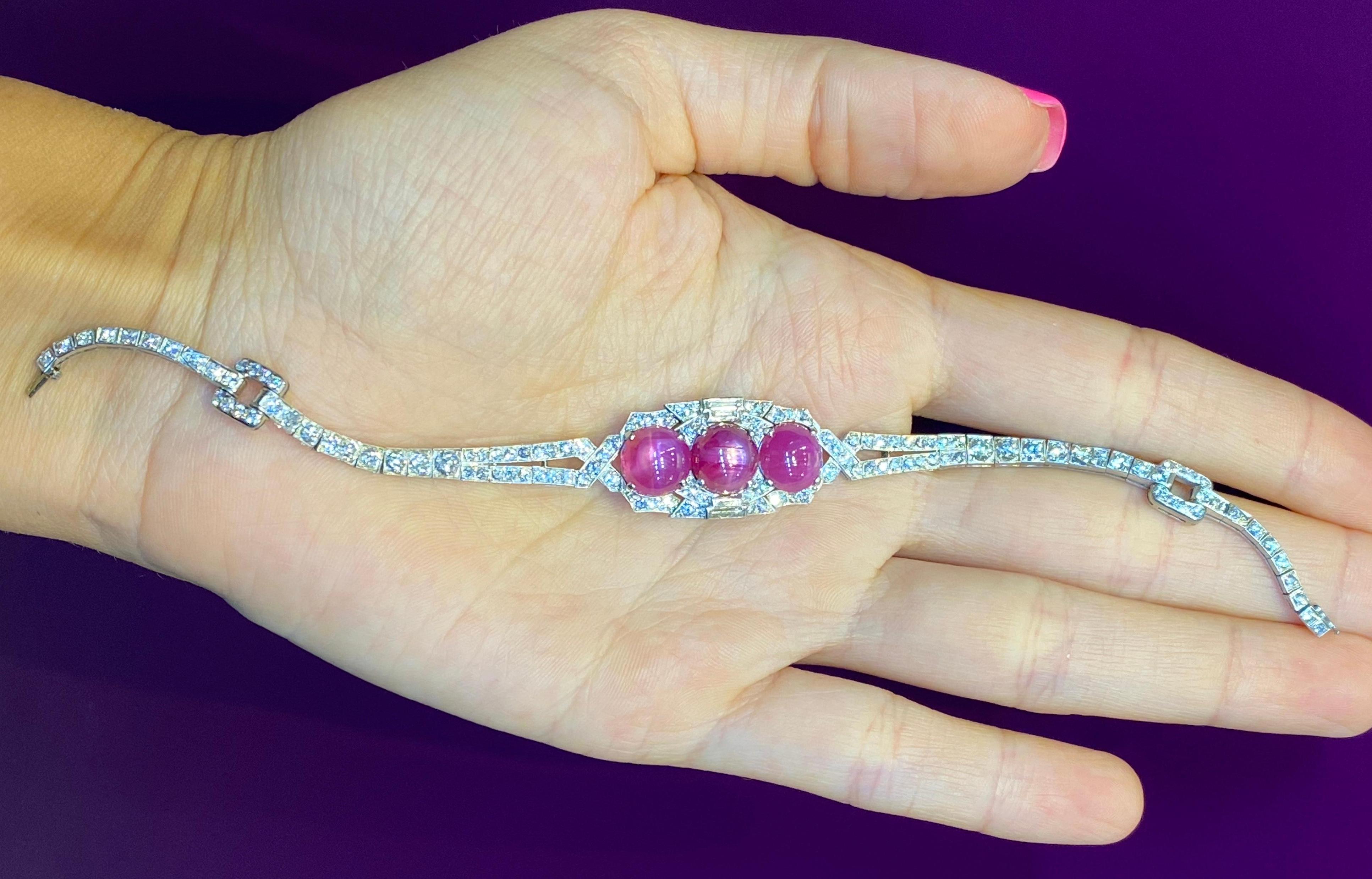 AGL Certified Cabochon Star Pink Sapphire and Diamond Art Deco Bracelet In Excellent Condition For Sale In New York, NY