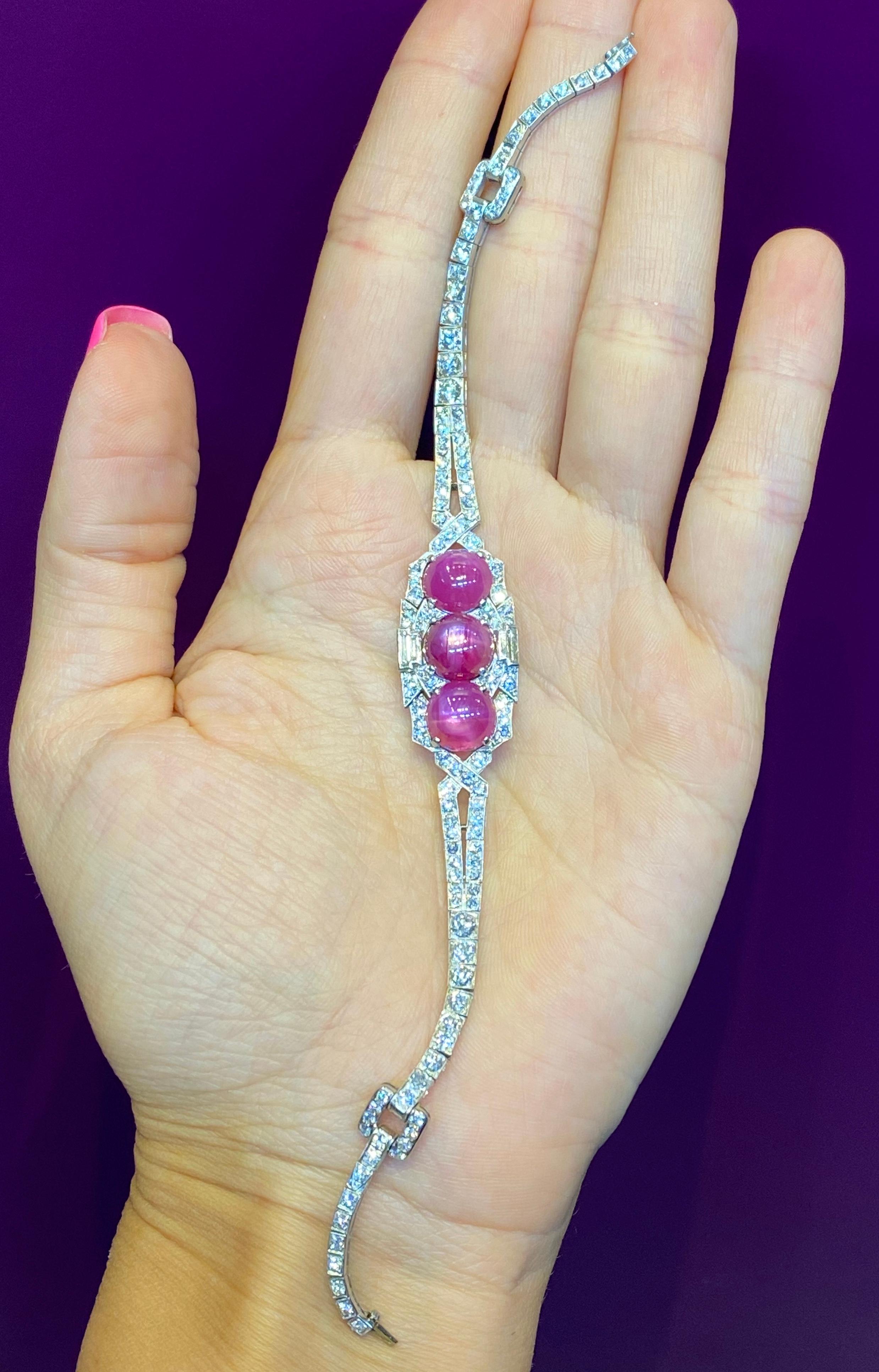 Women's AGL Certified Cabochon Star Pink Sapphire and Diamond Art Deco Bracelet For Sale