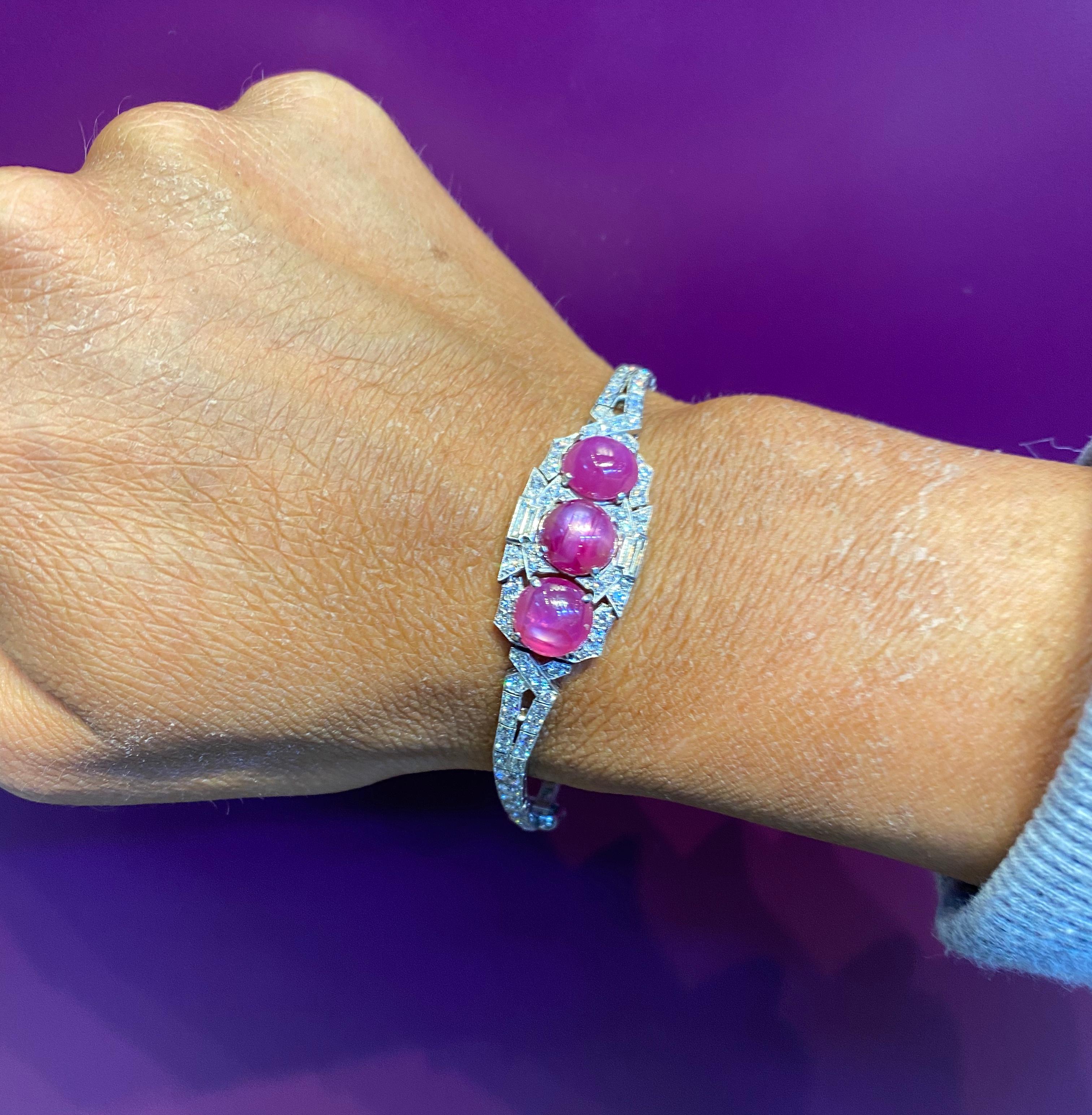 AGL Certified Cabochon Star Pink Sapphire and Diamond Art Deco Bracelet For Sale 1
