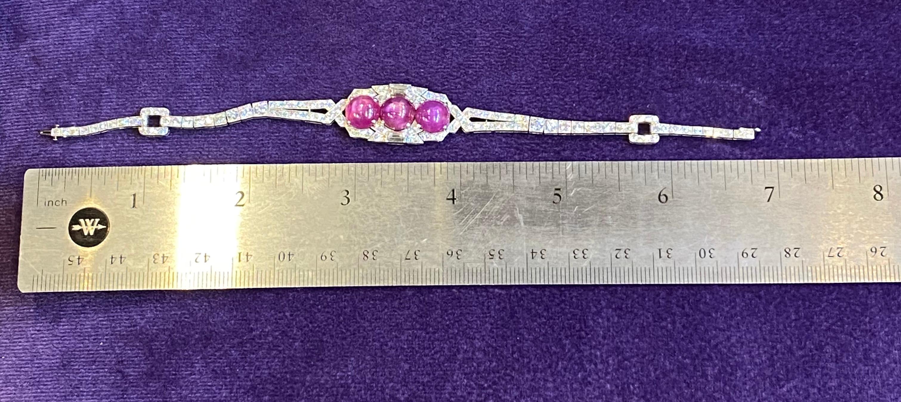 AGL Certified Cabochon Star Pink Sapphire and Diamond Art Deco Bracelet For Sale 3