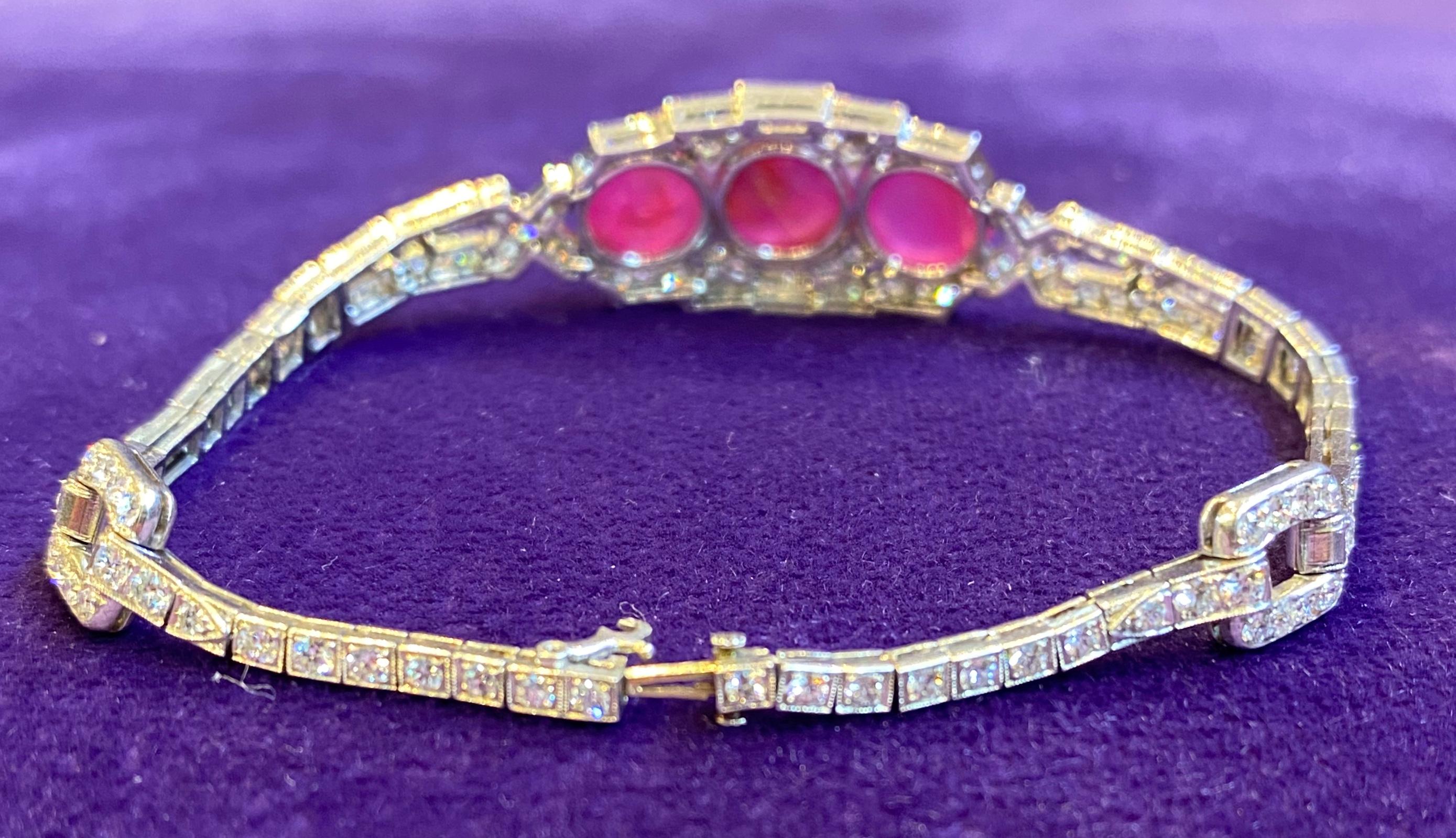 AGL Certified Cabochon Star Pink Sapphire and Diamond Art Deco Bracelet For Sale 4