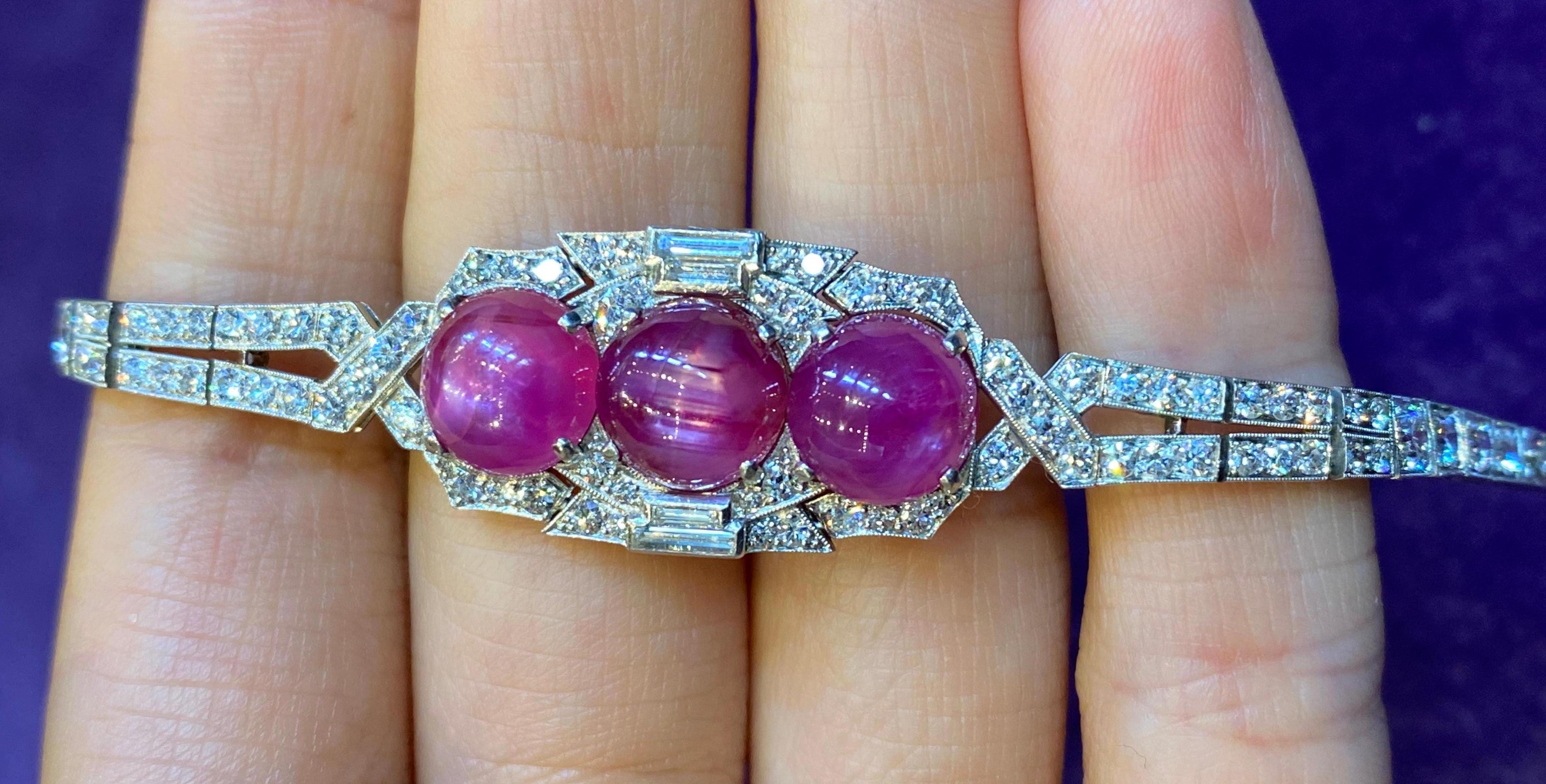AGL Certified Cabochon Star Pink Sapphire and Diamond Art Deco Bracelet For Sale 5