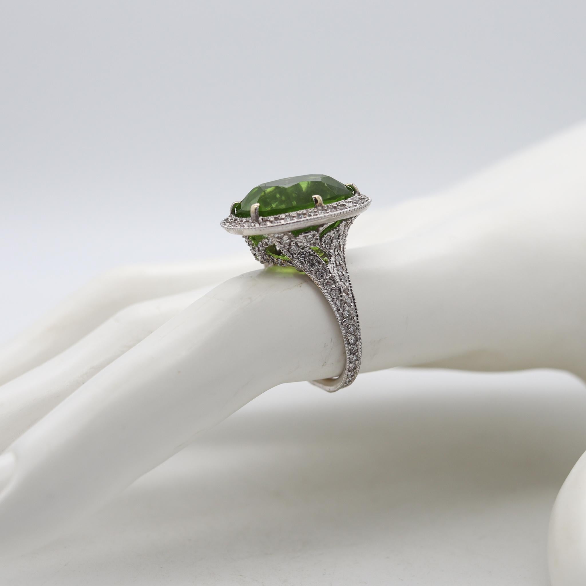 AGL Certified Cocktail Ring 18Kt White Gold 15.13 Cts Burmese Peridot & Diamonds For Sale 1