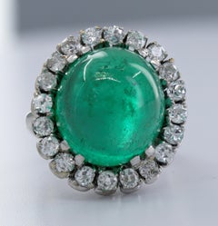 AGL Certified Colombian Emerald Cabochon, Diamond, 18K White Gold Ring