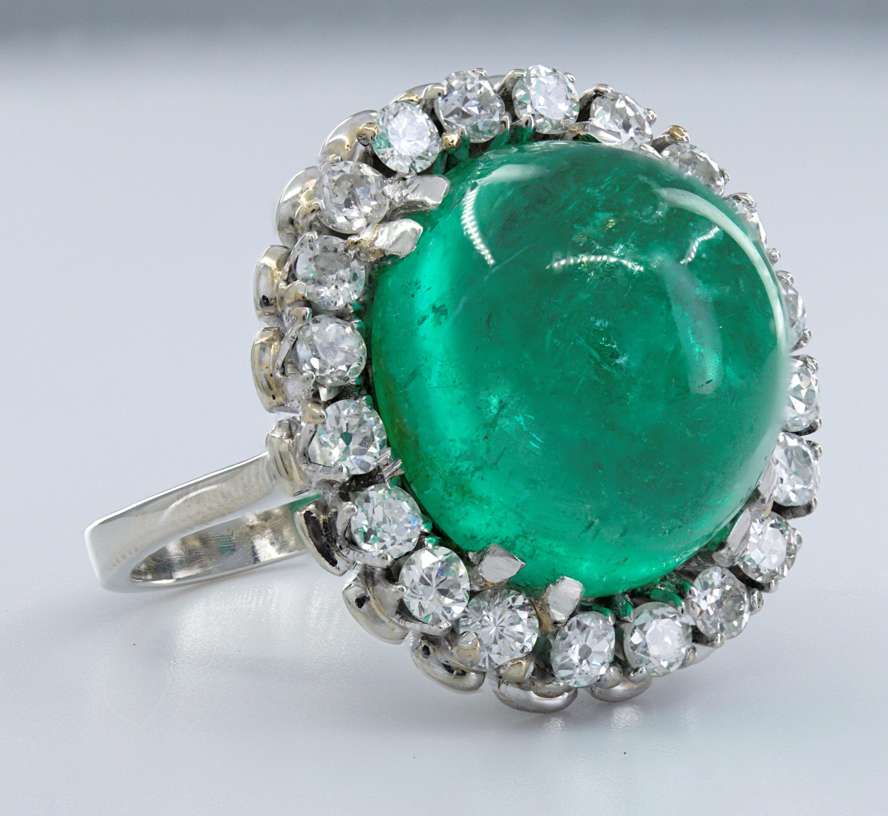 Artisan AGL Certified Colombian Emerald Cabochon, Diamond, 18K White Gold Ring For Sale
