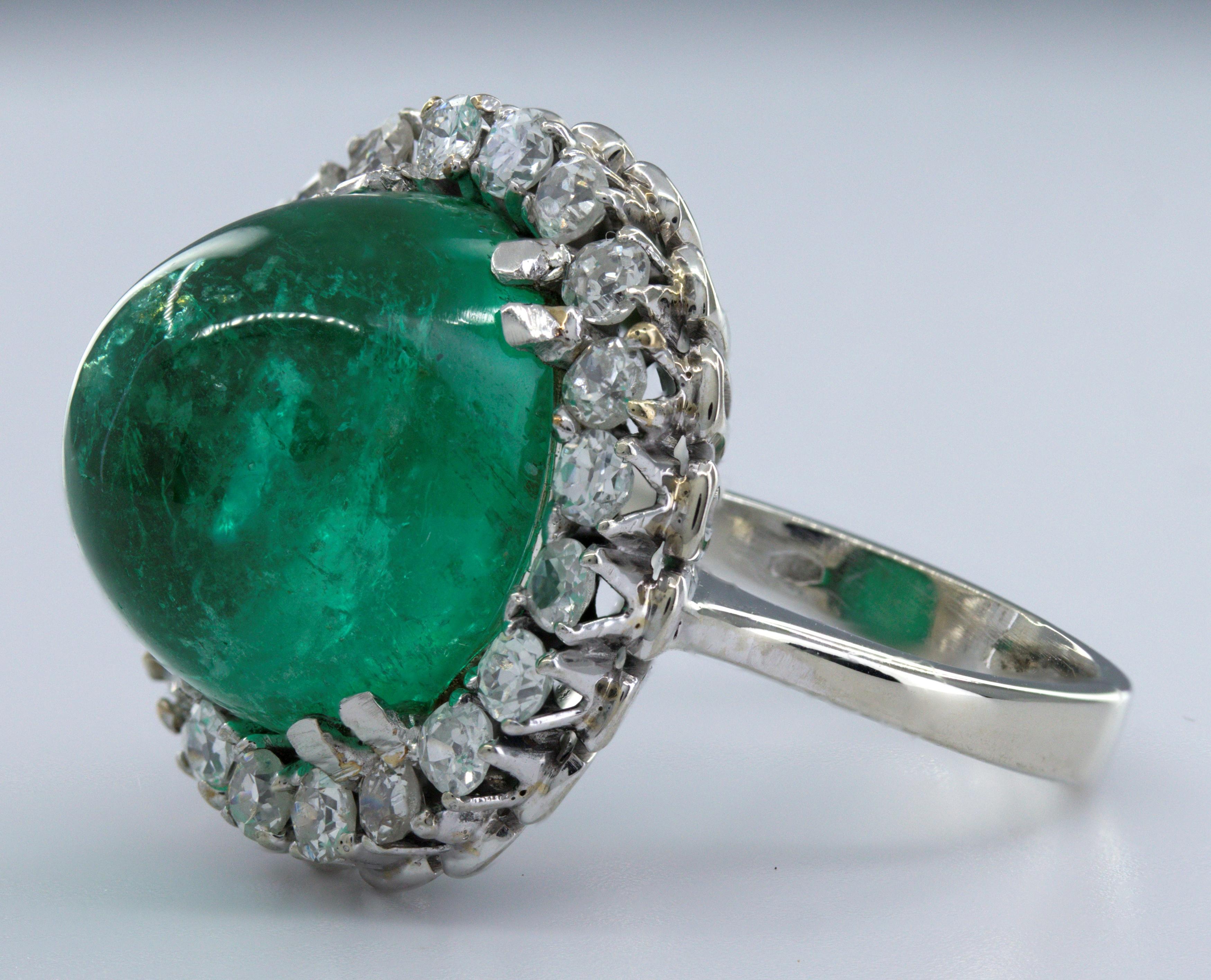AGL Certified Colombian Emerald Cabochon, Diamond, 18K White Gold Ring For Sale 1