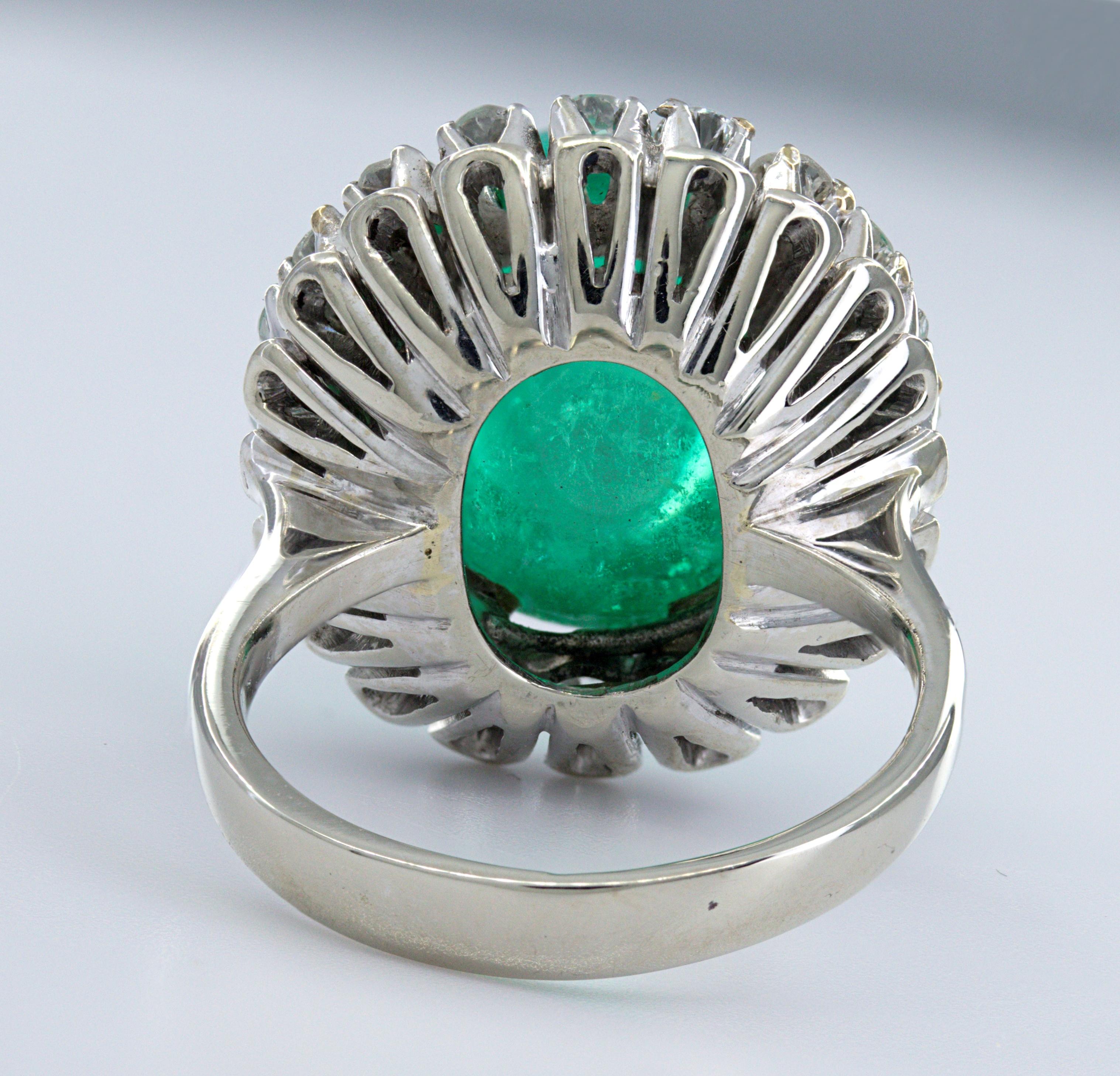 AGL Certified Colombian Emerald Cabochon, Diamond, 18K White Gold Ring For Sale 2
